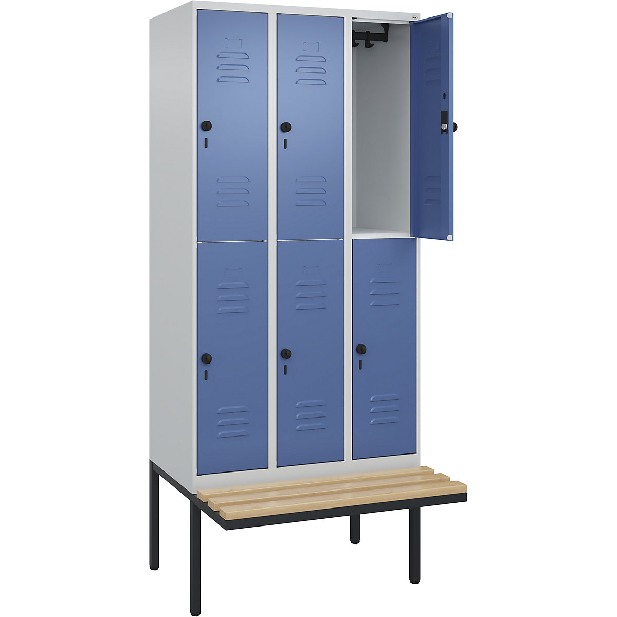 Armadietto a due piani Classic PLUS con panca – C+P, 3 scomparti, grigio chiaro / indaco, largh. 900 mm, serratura girevole di sicurezza, panca sporgente, legno duro di faggio-0