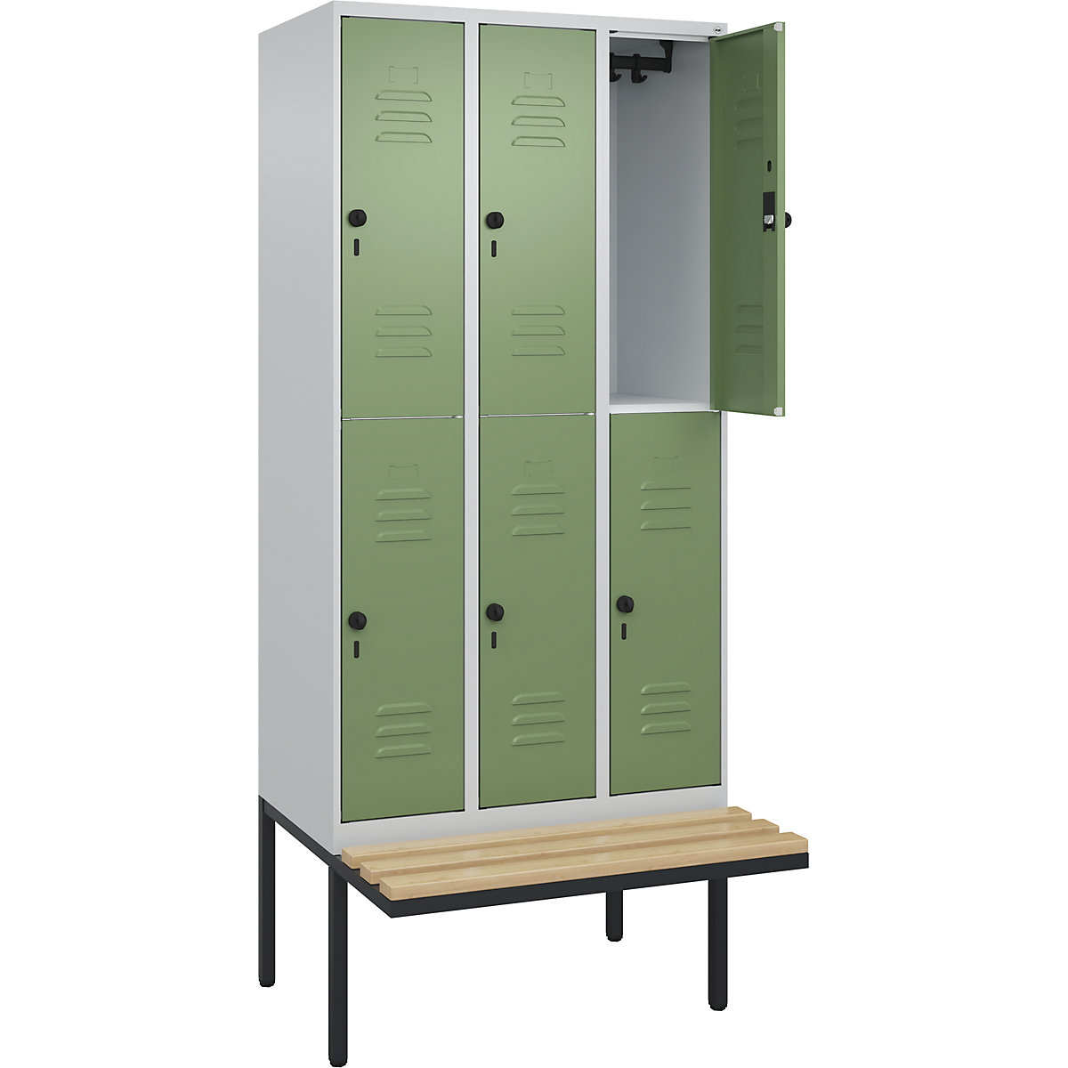 Armadietto a due piani Classic PLUS con panca – C+P, 3 scomparti, grigio chiaro / verde reseda, largh. 900 mm, serratura girevole di sicurezza, panca sporgente, legno duro di faggio-0