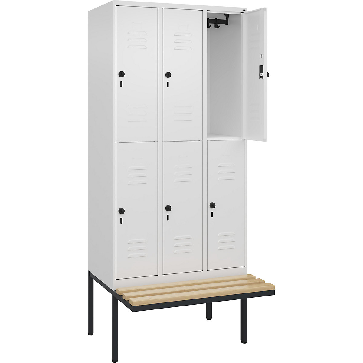 Armadietto a due piani Classic PLUS con panca – C+P, 3 scomparti, bianco traffico, largh. 900 mm, serratura girevole di sicurezza, panca sporgente, legno duro di faggio-0