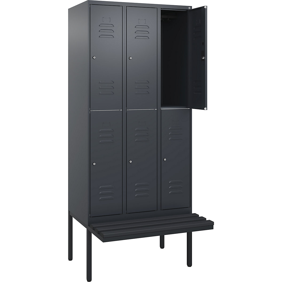 Armadietto a due piani Classic PLUS con panca – C+P, 3 scomparti, grigio, largh. 900 mm, serratura a cilindro, panca sporgente, plastica-0