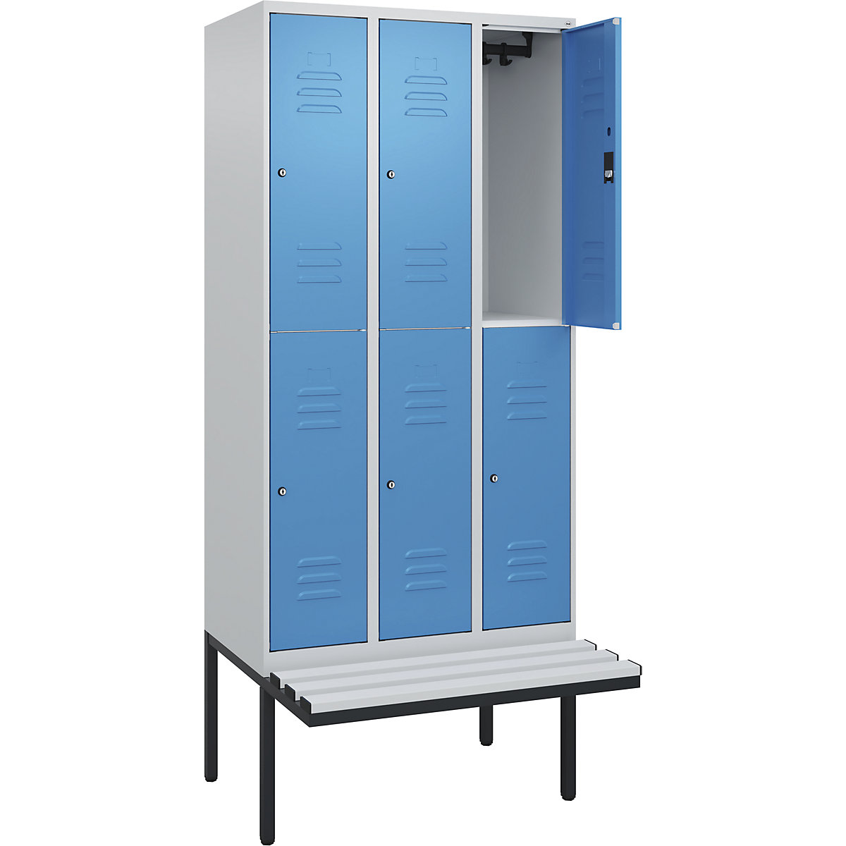 Armadietto a due piani Classic PLUS con panca – C+P, 3 scomparti, grigio chiaro / blu chiaro, largh. 900 mm, serratura a cilindro, panca sporgente, plastica-0