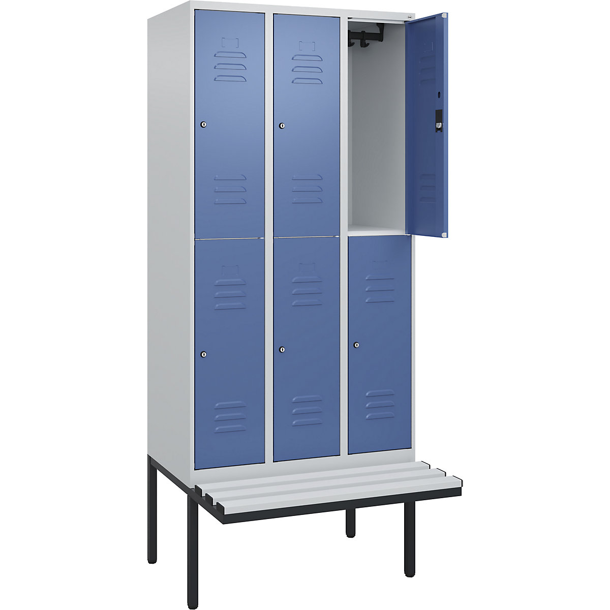 Armadietto a due piani Classic PLUS con panca – C+P, 3 scomparti, grigio chiaro / indaco, largh. 900 mm, serratura a cilindro, panca sporgente, plastica-0