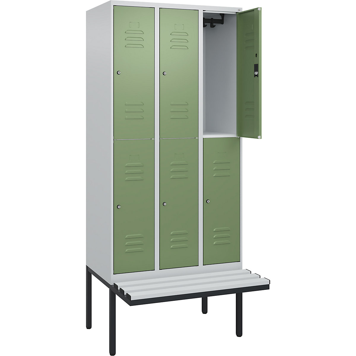 Armadietto a due piani Classic PLUS con panca – C+P, 3 scomparti, grigio chiaro / verde reseda, largh. 900 mm, serratura a cilindro, panca sporgente, plastica-0