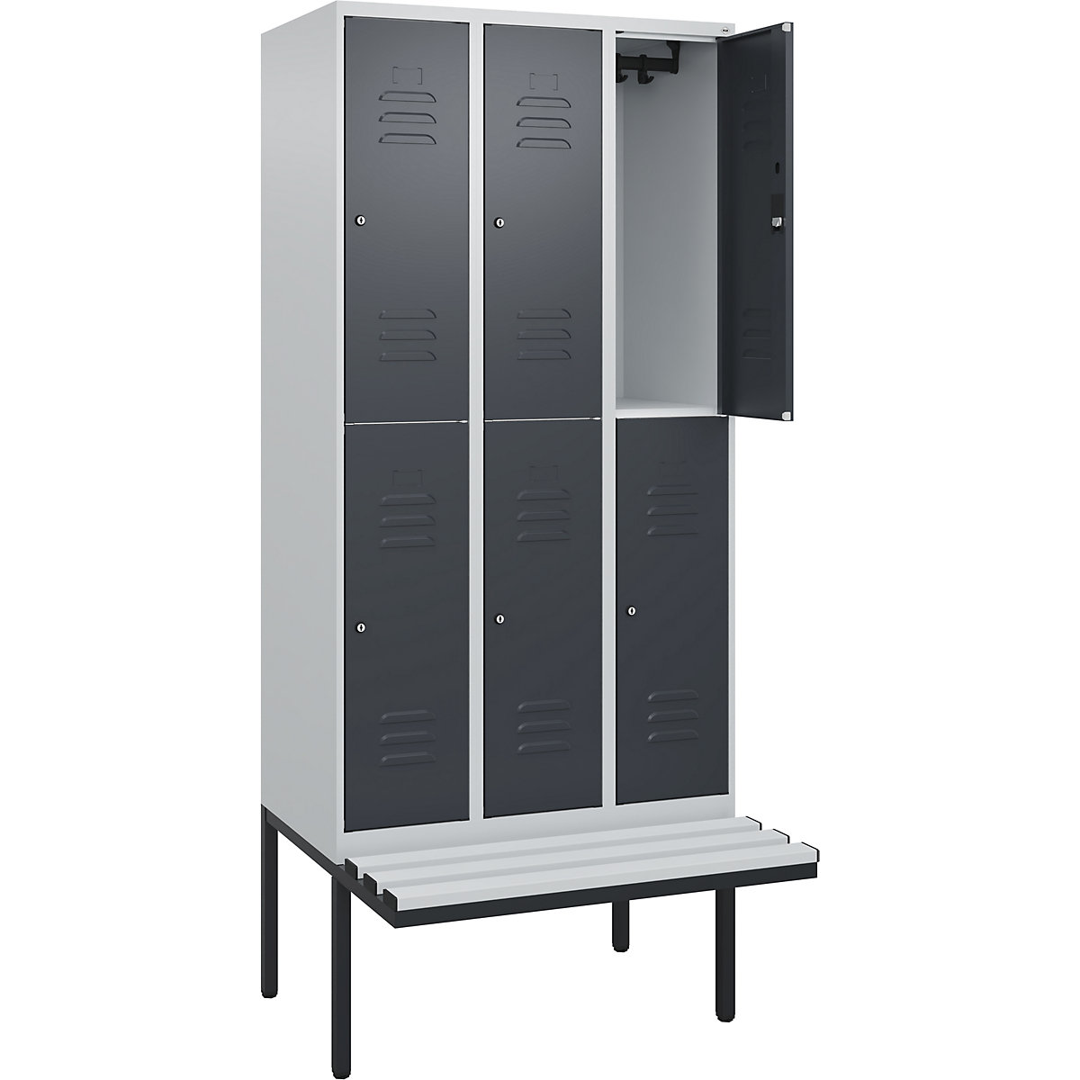 Armadietto a due piani Classic PLUS con panca – C+P, 3 scomparti, grigio chiaro / grigio, largh. 900 mm, serratura a cilindro, panca sporgente, plastica-0