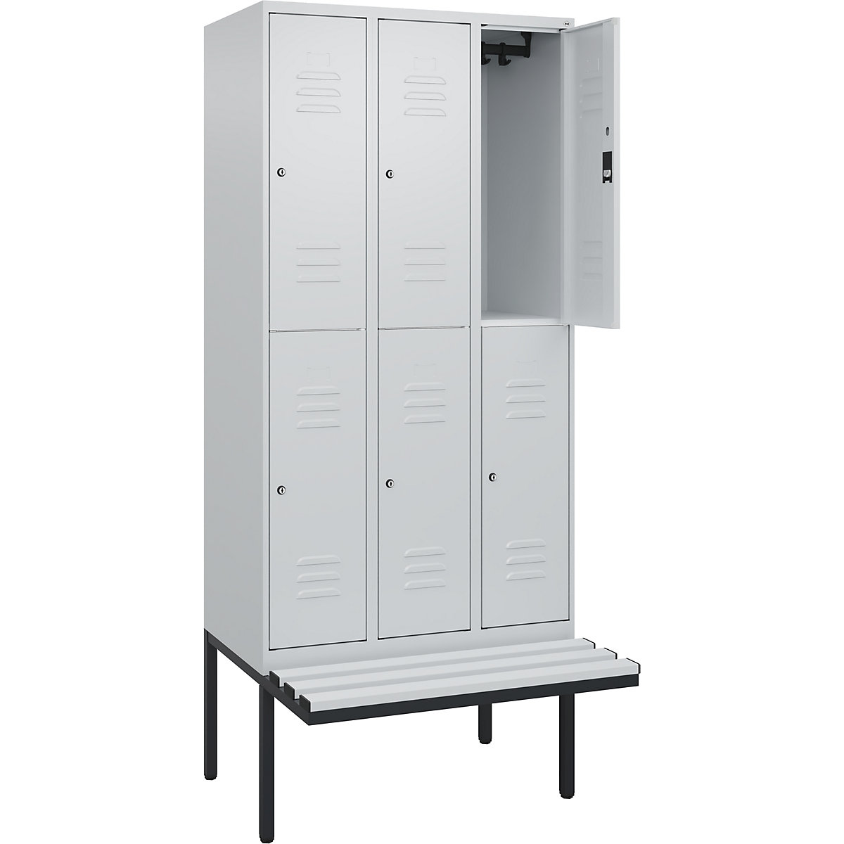 Armadietto a due piani Classic PLUS con panca – C+P, 3 scomparti, grigio chiaro, largh. 900 mm, serratura a cilindro, panca sporgente, plastica-0