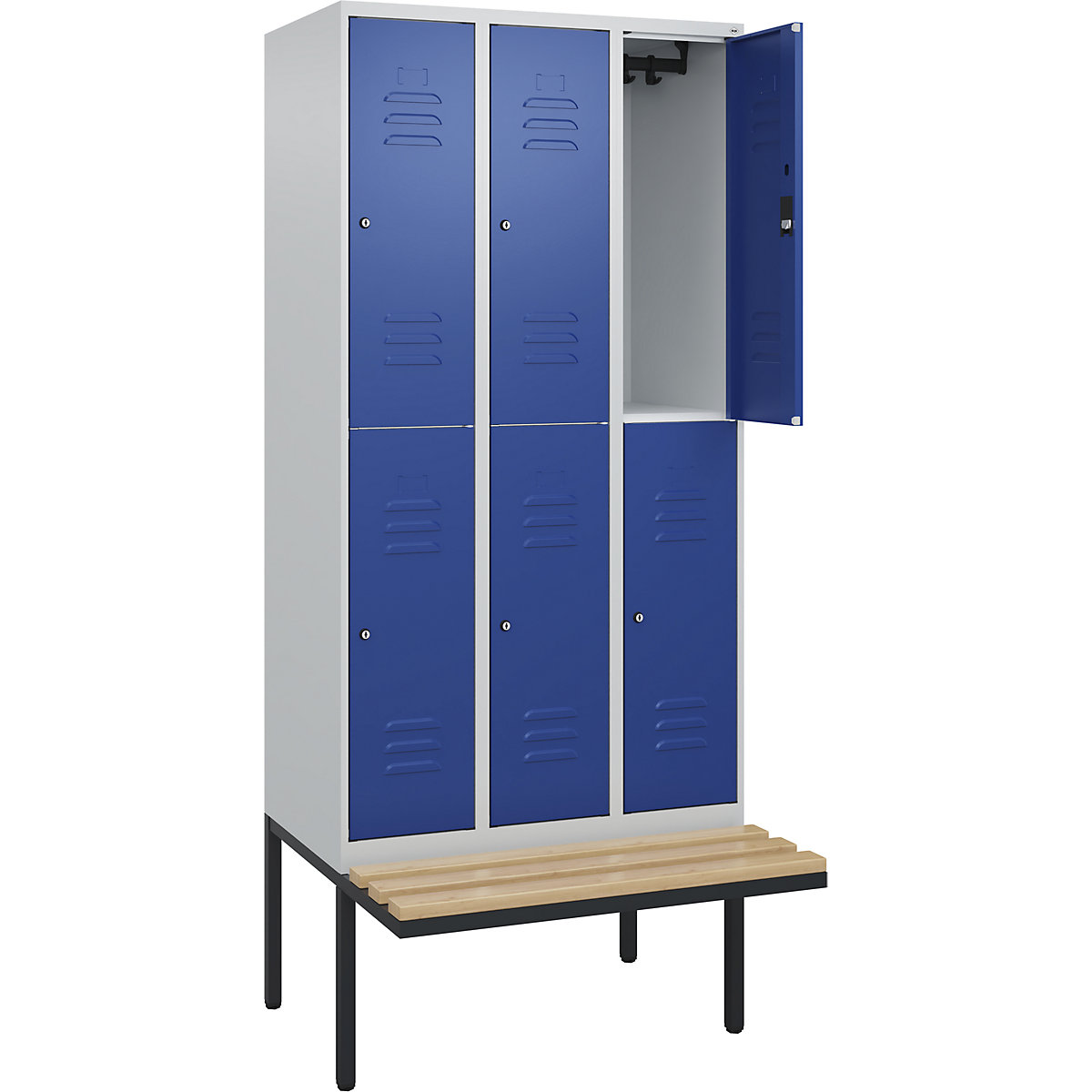 Armadietto a due piani Classic PLUS con panca – C+P, 3 scomparti, grigio chiaro / blu genziana, largh. 900 mm, serratura a cilindro, panca sporgente, legno duro di faggio-0
