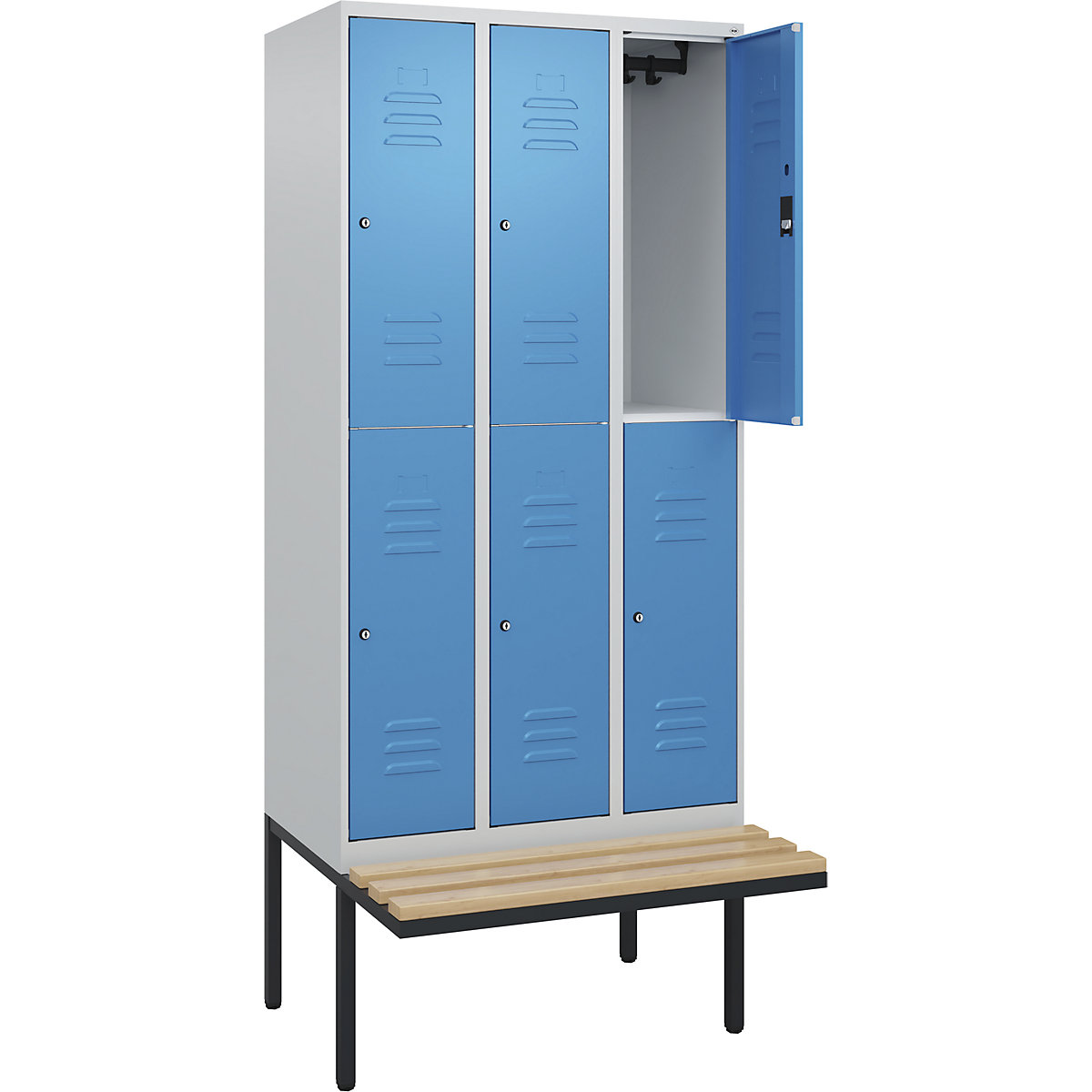Armadietto a due piani Classic PLUS con panca – C+P, 3 scomparti, grigio chiaro / blu chiaro, largh. 900 mm, serratura a cilindro, panca sporgente, legno duro di faggio-0
