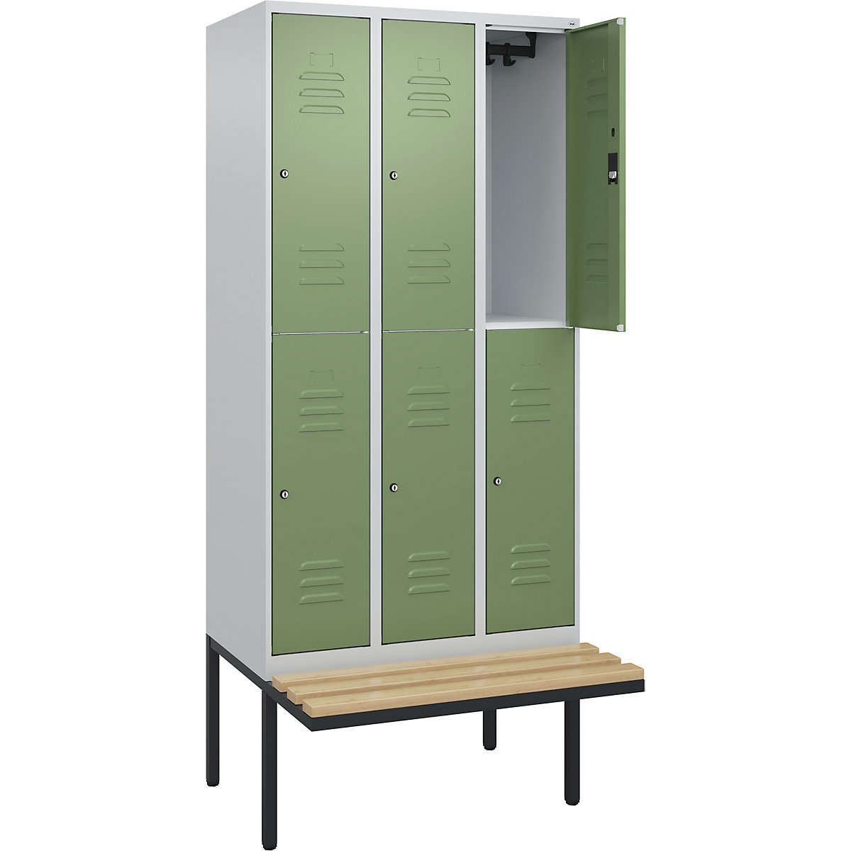 Armadietto a due piani Classic PLUS con panca – C+P, 3 scomparti, grigio chiaro / verde reseda, largh. 900 mm, serratura a cilindro, panca sporgente, legno duro di faggio-0