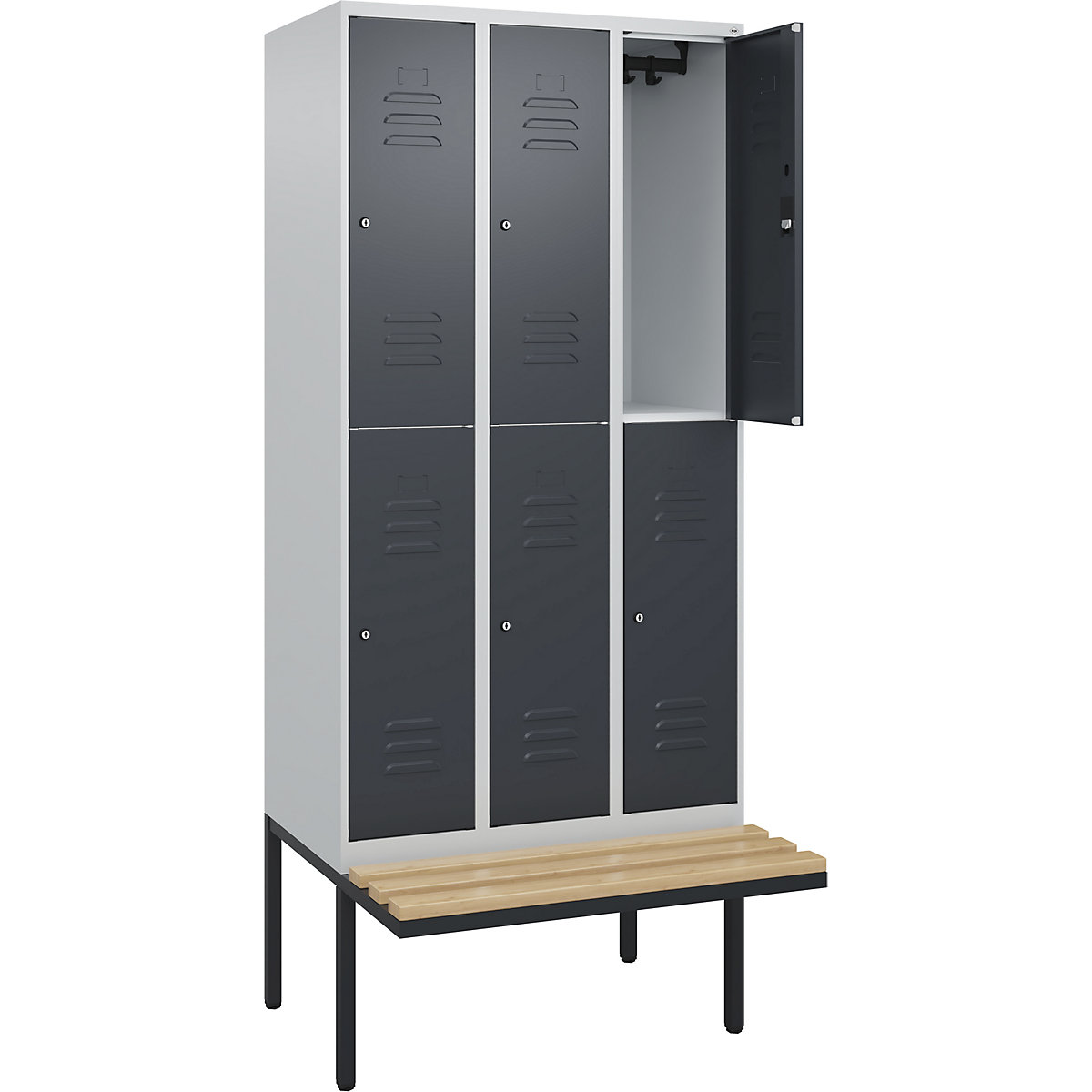 Armadietto a due piani Classic PLUS con panca – C+P, 3 scomparti, grigio chiaro / grigio, largh. 900 mm, serratura a cilindro, panca sporgente, legno duro di faggio-0