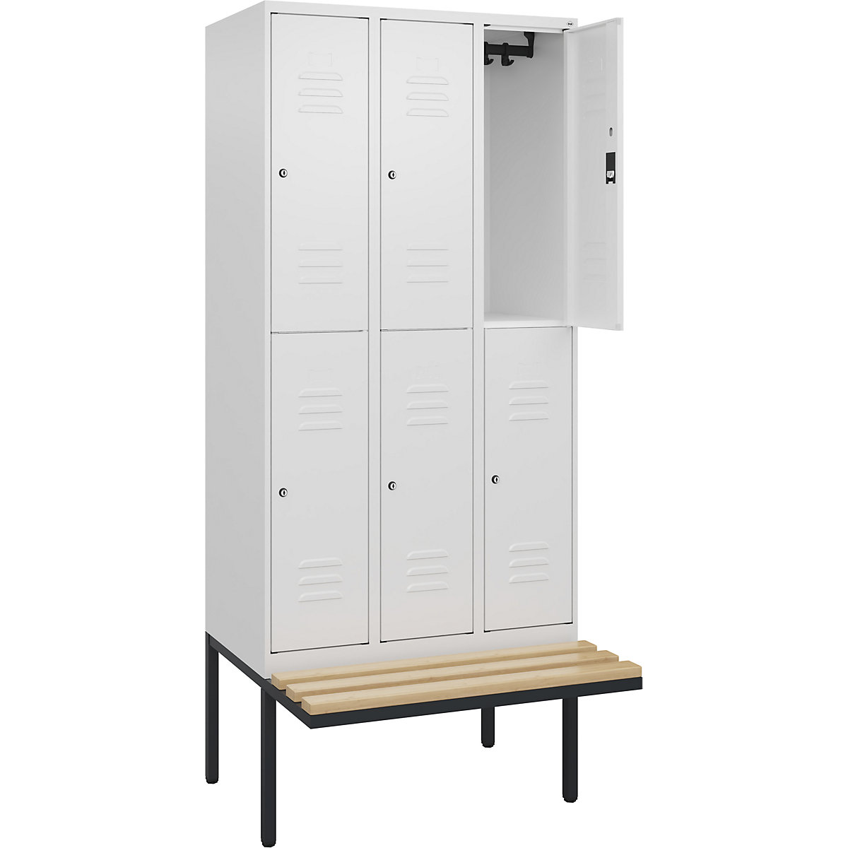 Armadietto a due piani Classic PLUS con panca – C+P, 3 scomparti, bianco traffico, largh. 900 mm, serratura a cilindro, panca sporgente, legno duro di faggio-0