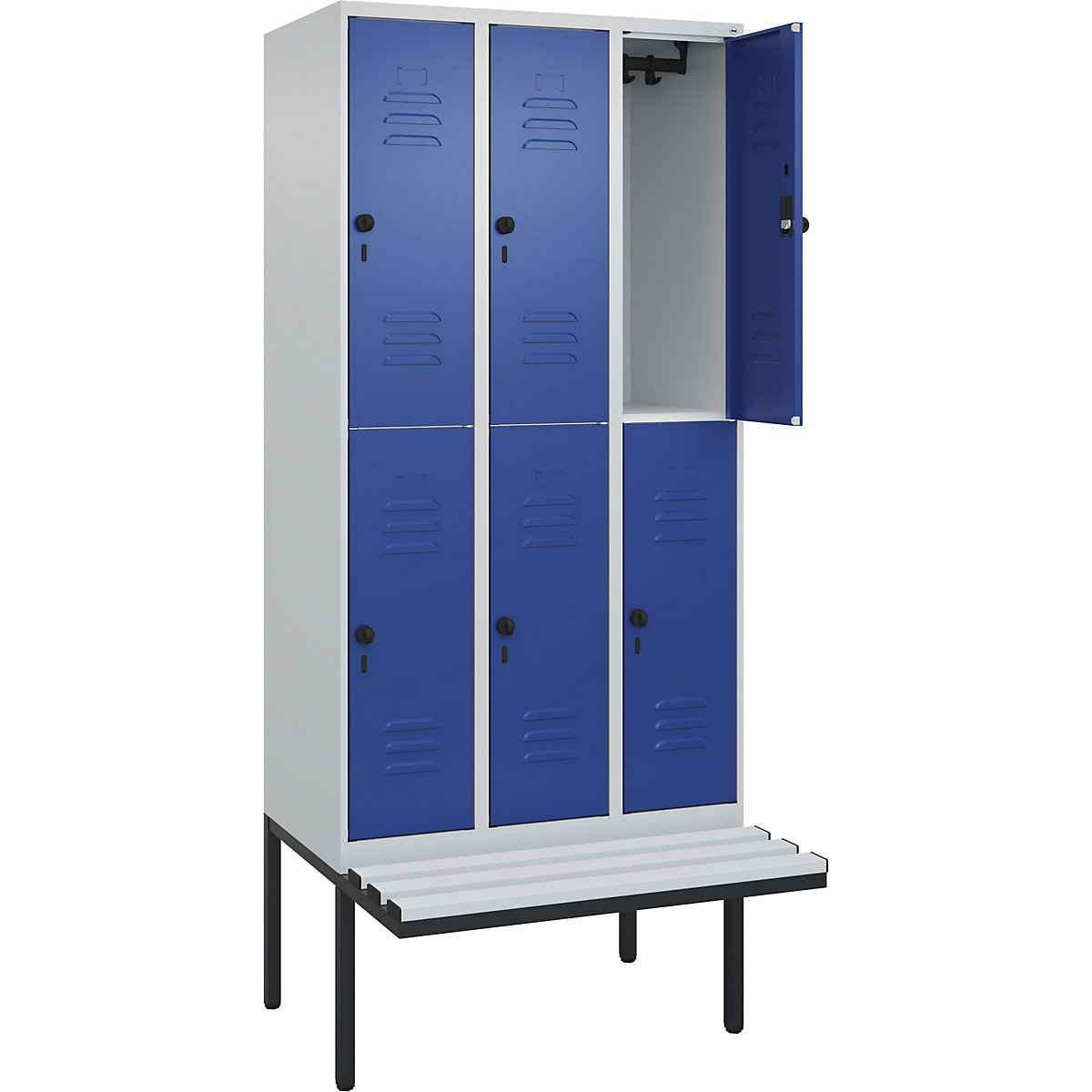 Armadietto a due piani Classic PLUS con panca – C+P, 3 scomparti, grigio chiaro / blu genziana, largh. 900 mm, serratura girevole di sicurezza, panca sporgente, plastica-0