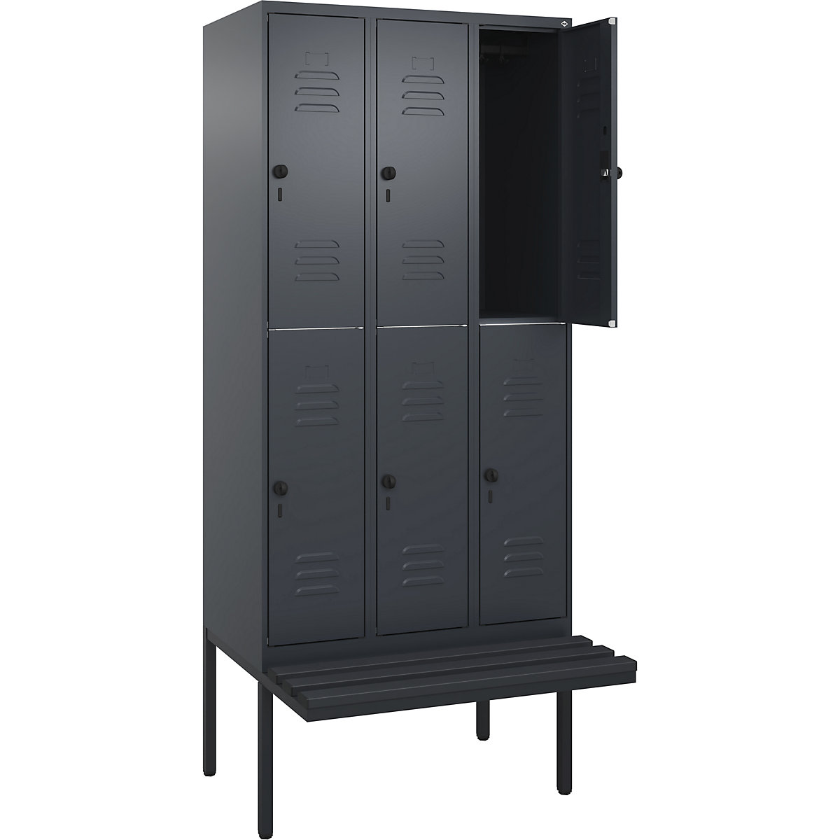 Armadietto a due piani Classic PLUS con panca – C+P, 3 scomparti, grigio, largh. 900 mm, serratura girevole di sicurezza, panca sporgente, plastica-0