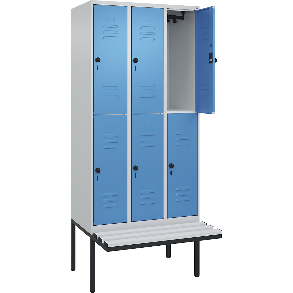 Armadietto a due piani Classic PLUS con panca – C+P, 3 scomparti, grigio chiaro / blu chiaro, largh. 900 mm, serratura girevole di sicurezza, panca sporgente, plastica-0