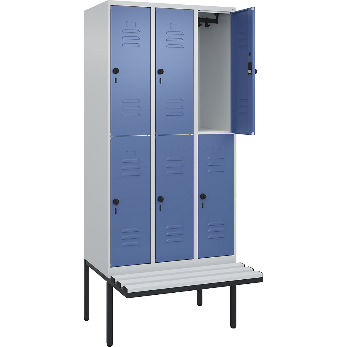 Armadietto a due piani Classic PLUS con panca – C+P, 3 scomparti, grigio chiaro / indaco, largh. 900 mm, serratura girevole di sicurezza, panca sporgente, plastica-0