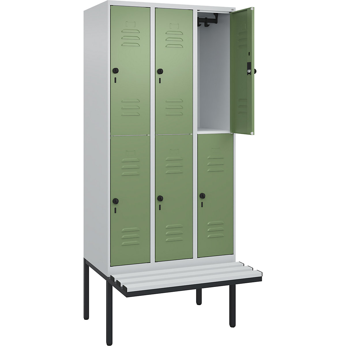 Armadietto a due piani Classic PLUS con panca – C+P, 3 scomparti, grigio chiaro / verde reseda, largh. 900 mm, serratura girevole di sicurezza, panca sporgente, plastica-0