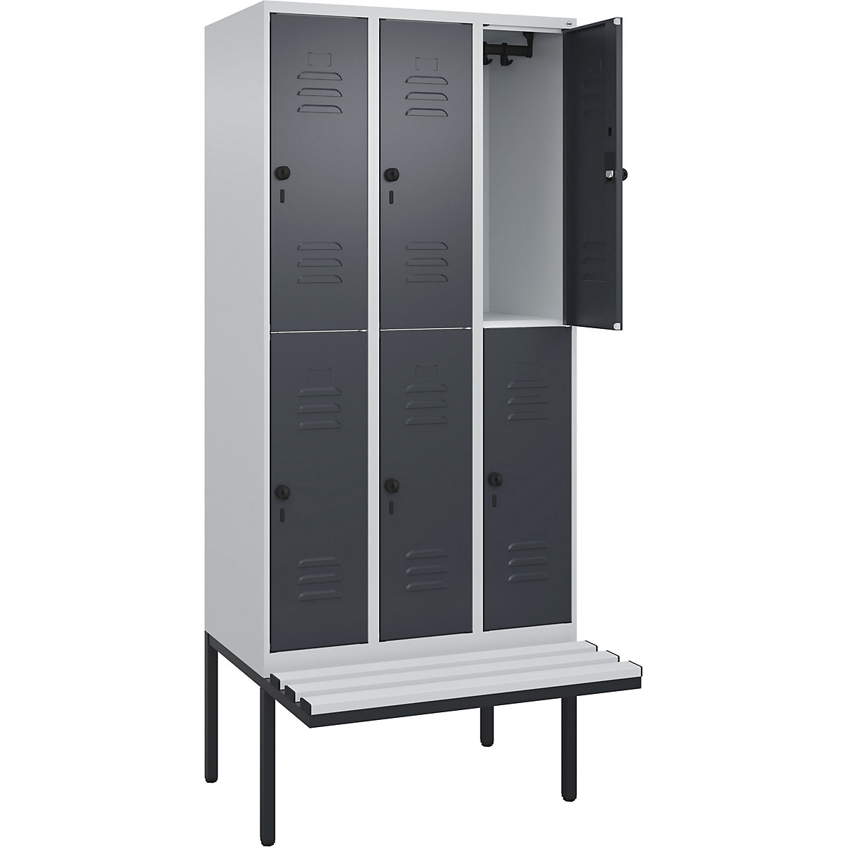 Armadietto a due piani Classic PLUS con panca – C+P, 3 scomparti, grigio chiaro / grigio, largh. 900 mm, serratura girevole di sicurezza, panca sporgente, plastica-0