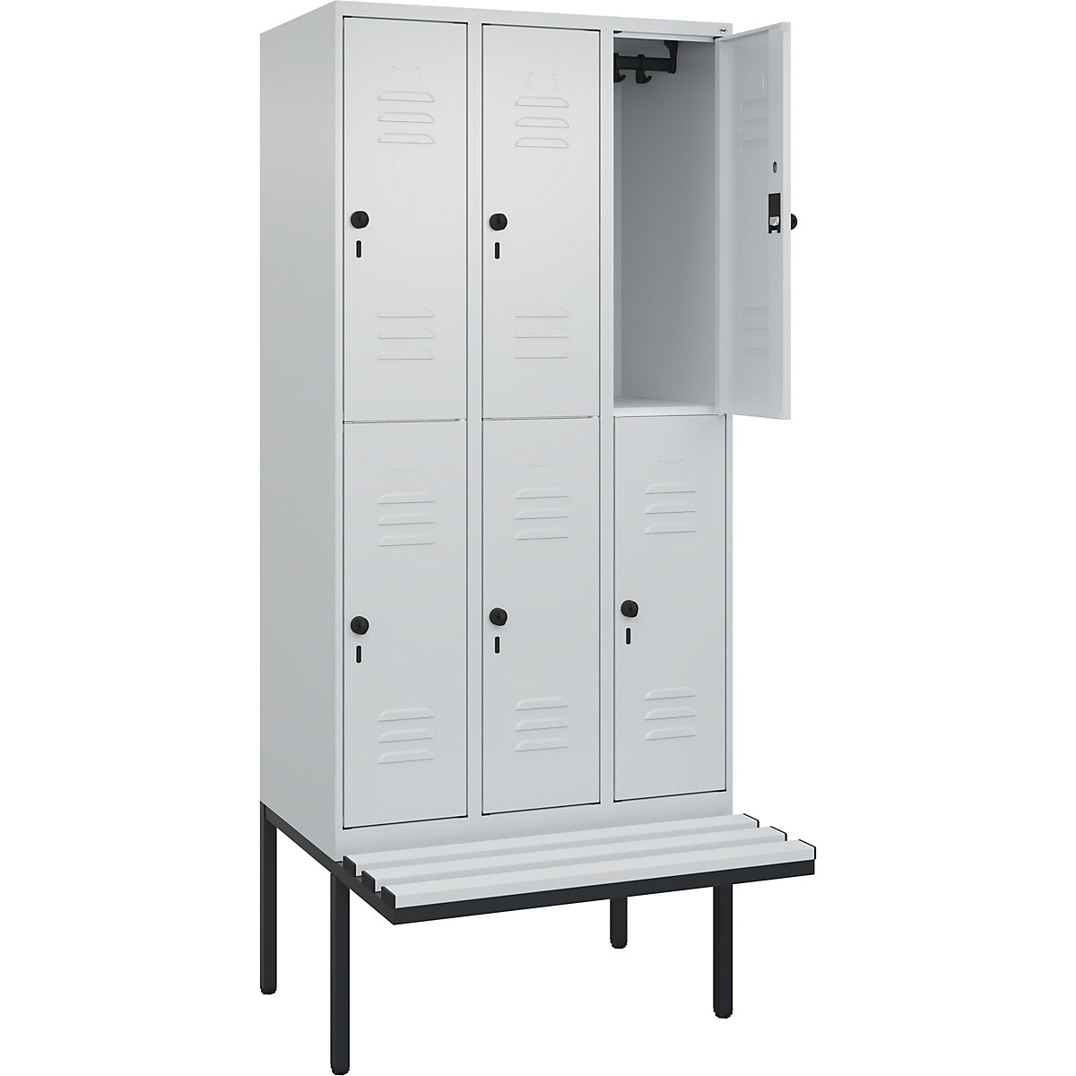Armadietto a due piani Classic PLUS con panca – C+P, 3 scomparti, grigio chiaro, largh. 900 mm, serratura girevole di sicurezza, panca sporgente, plastica-0