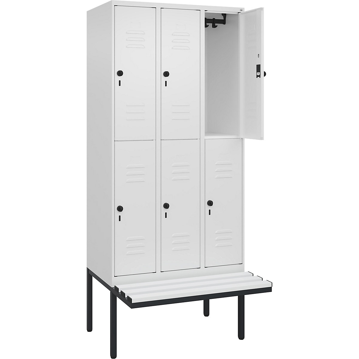 Armadietto a due piani Classic PLUS con panca – C+P, 3 scomparti, bianco traffico, largh. 900 mm, serratura girevole di sicurezza, panca sporgente, plastica-0