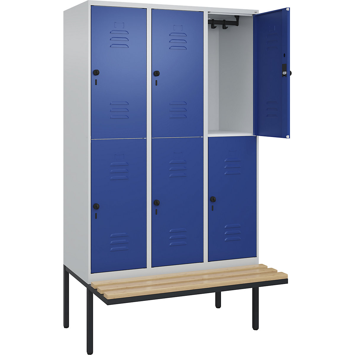 Armadietto a due piani Classic PLUS con panca – C+P, 3 scomparti, grigio chiaro / blu genziana, largh. 1200 mm, serratura girevole di sicurezza, panca sporgente, legno duro di faggio-0