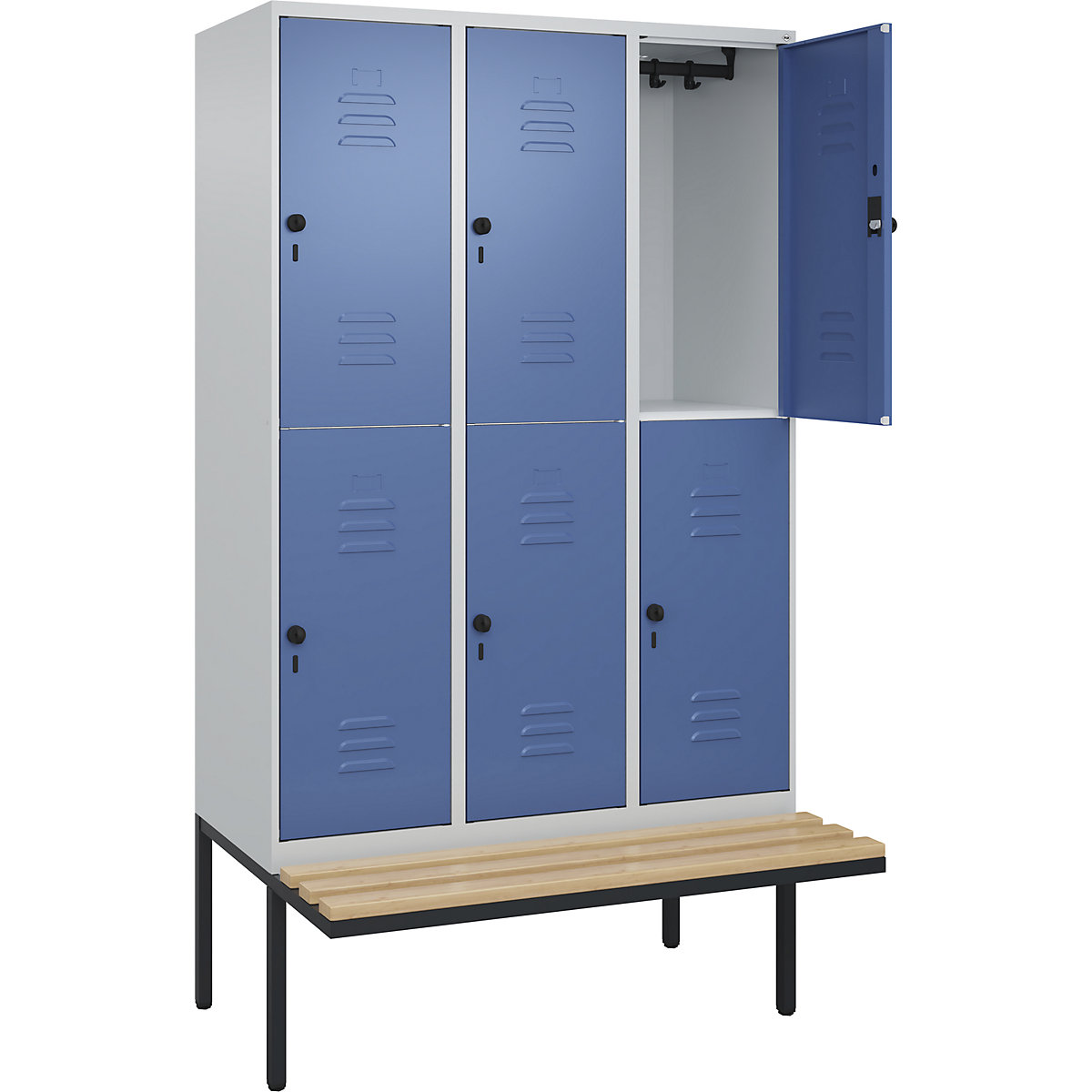 Armadietto a due piani Classic PLUS con panca – C+P, 3 scomparti, grigio chiaro / indaco, largh. 1200 mm, serratura girevole di sicurezza, panca sporgente, legno duro di faggio-0