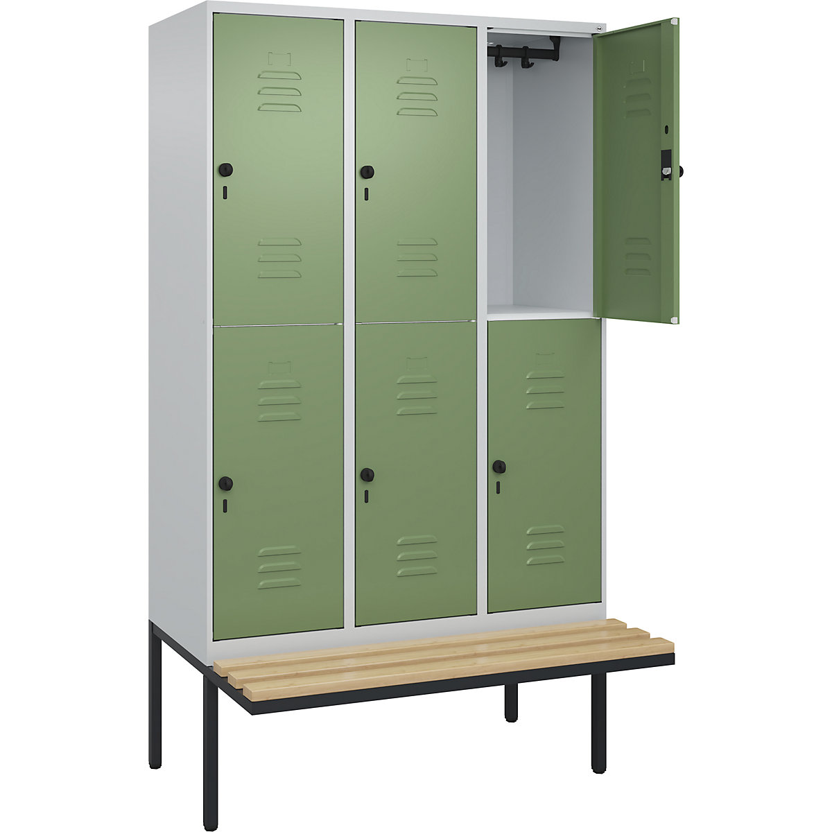 Armadietto a due piani Classic PLUS con panca – C+P, 3 scomparti, grigio chiaro / verde reseda, largh. 1200 mm, serratura girevole di sicurezza, panca sporgente, legno duro di faggio-0