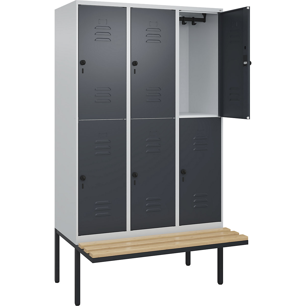 Armadietto a due piani Classic PLUS con panca – C+P, 3 scomparti, grigio chiaro / grigio, largh. 1200 mm, serratura girevole di sicurezza, panca sporgente, legno duro di faggio-0