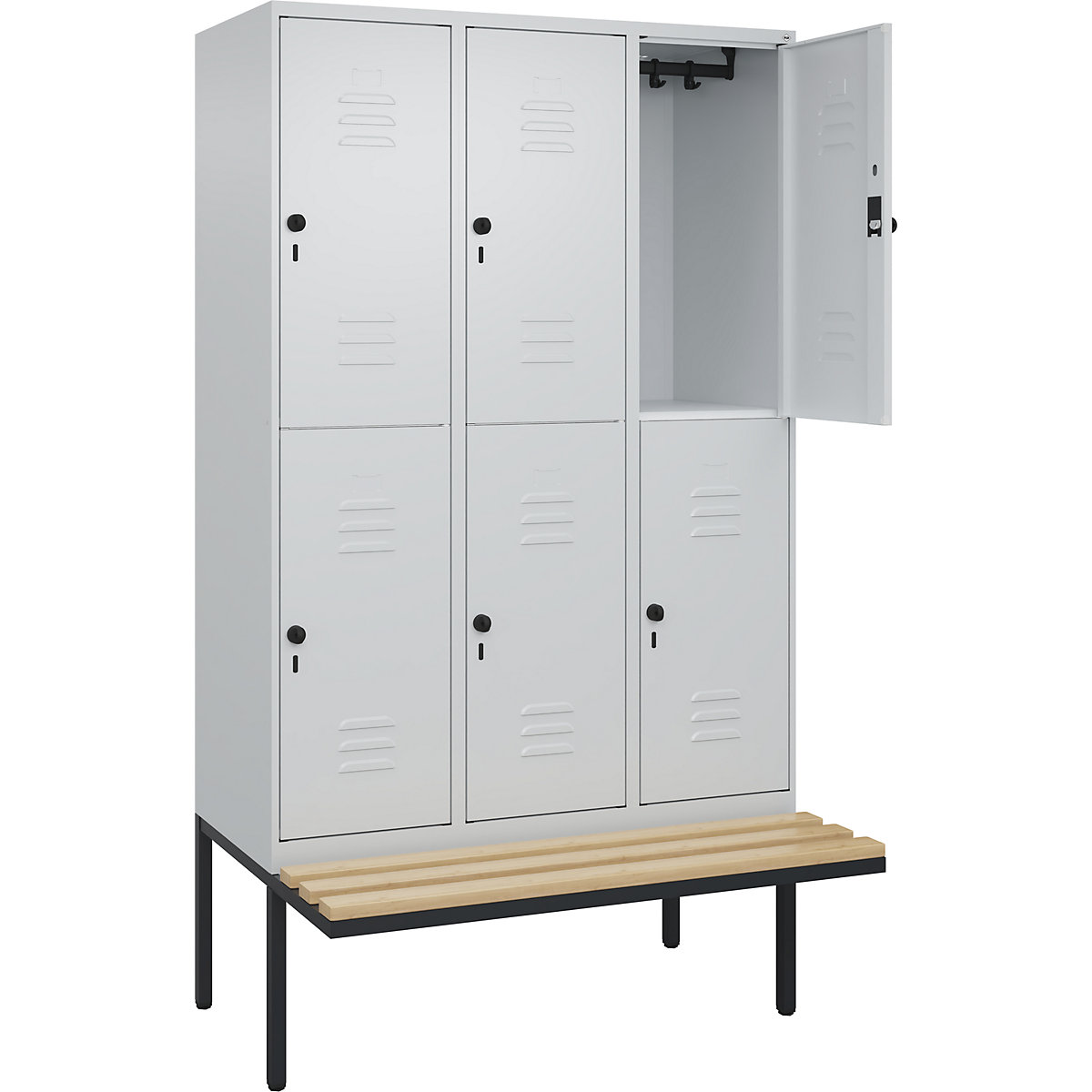 Armadietto a due piani Classic PLUS con panca – C+P, 3 scomparti, grigio chiaro, largh. 1200 mm, serratura girevole di sicurezza, panca sporgente, legno duro di faggio-0