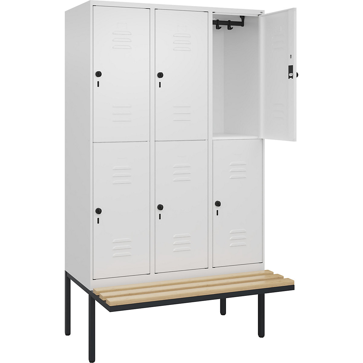 Armadietto a due piani Classic PLUS con panca – C+P, 3 scomparti, bianco traffico, largh. 1200 mm, serratura girevole di sicurezza, panca sporgente, legno duro di faggio-0
