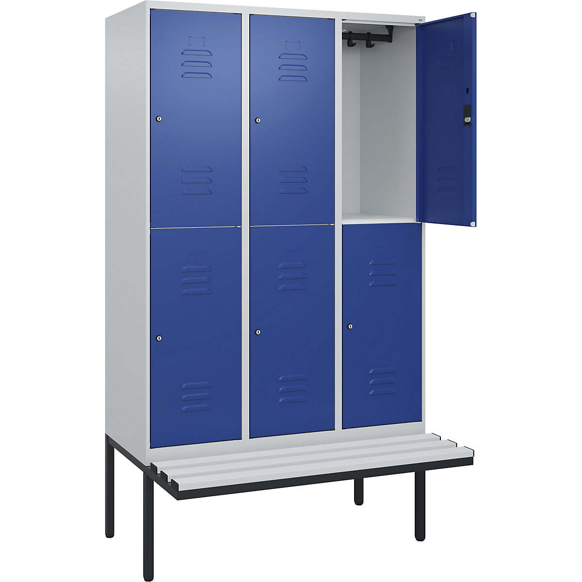 Armadietto a due piani Classic PLUS con panca – C+P, 3 scomparti, grigio chiaro / blu genziana, largh. 1200 mm, serratura a cilindro, panca sporgente, plastica-0