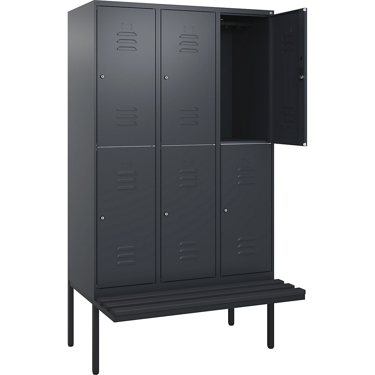 Armadietto a due piani Classic PLUS con panca – C+P, 3 scomparti, grigio, largh. 1200 mm, serratura a cilindro, panca sporgente, plastica-0