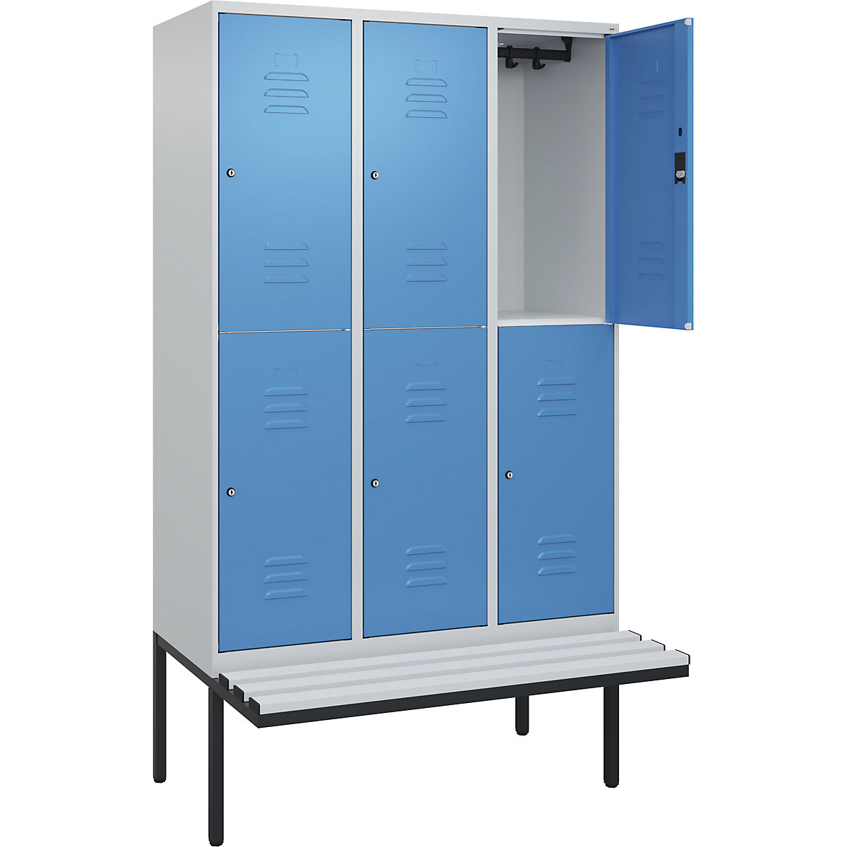 Armadietto a due piani Classic PLUS con panca – C+P, 3 scomparti, grigio chiaro / blu chiaro, largh. 1200 mm, serratura a cilindro, panca sporgente, plastica-0