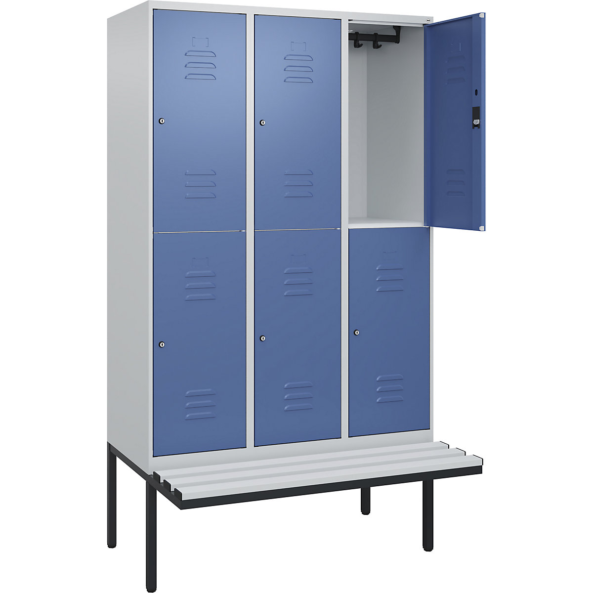 Armadietto a due piani Classic PLUS con panca – C+P, 3 scomparti, grigio chiaro / indaco, largh. 1200 mm, serratura a cilindro, panca sporgente, plastica-0