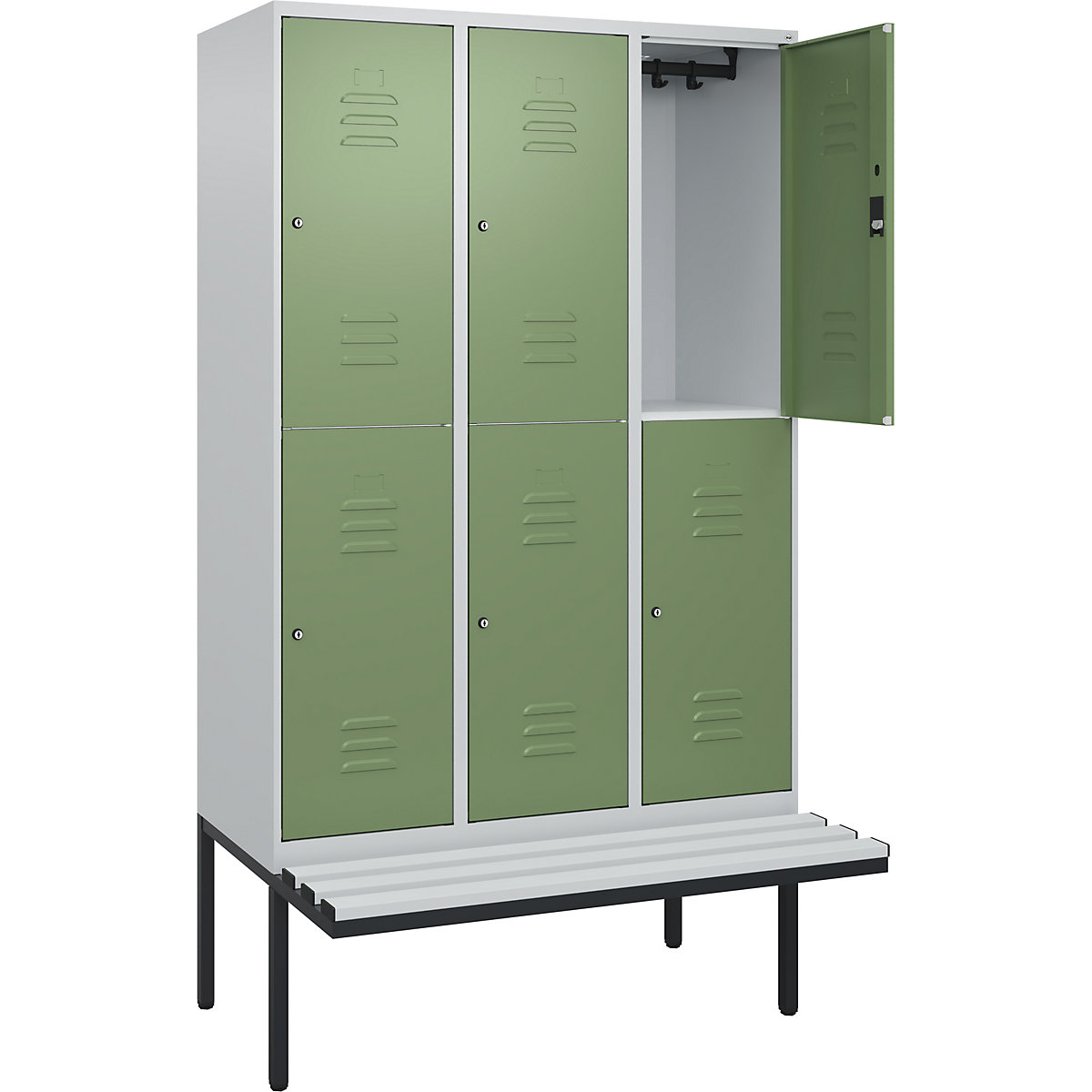 Armadietto a due piani Classic PLUS con panca – C+P, 3 scomparti, grigio chiaro / verde reseda, largh. 1200 mm, serratura a cilindro, panca sporgente, plastica-0