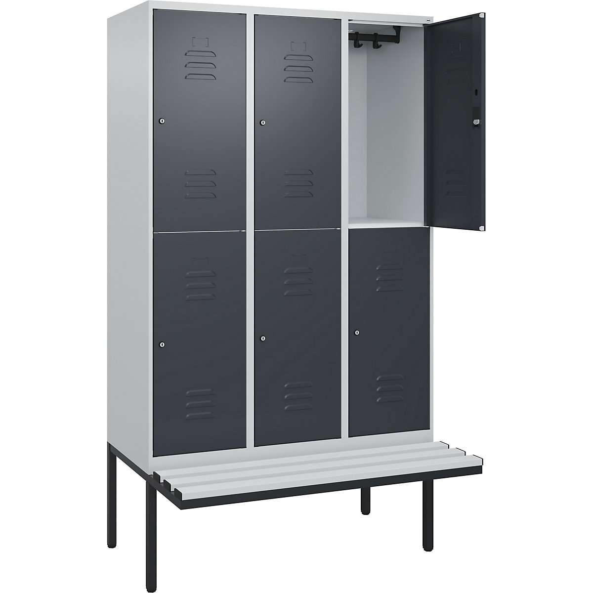 Armadietto a due piani Classic PLUS con panca – C+P, 3 scomparti, grigio chiaro / grigio, largh. 1200 mm, serratura a cilindro, panca sporgente, plastica-0