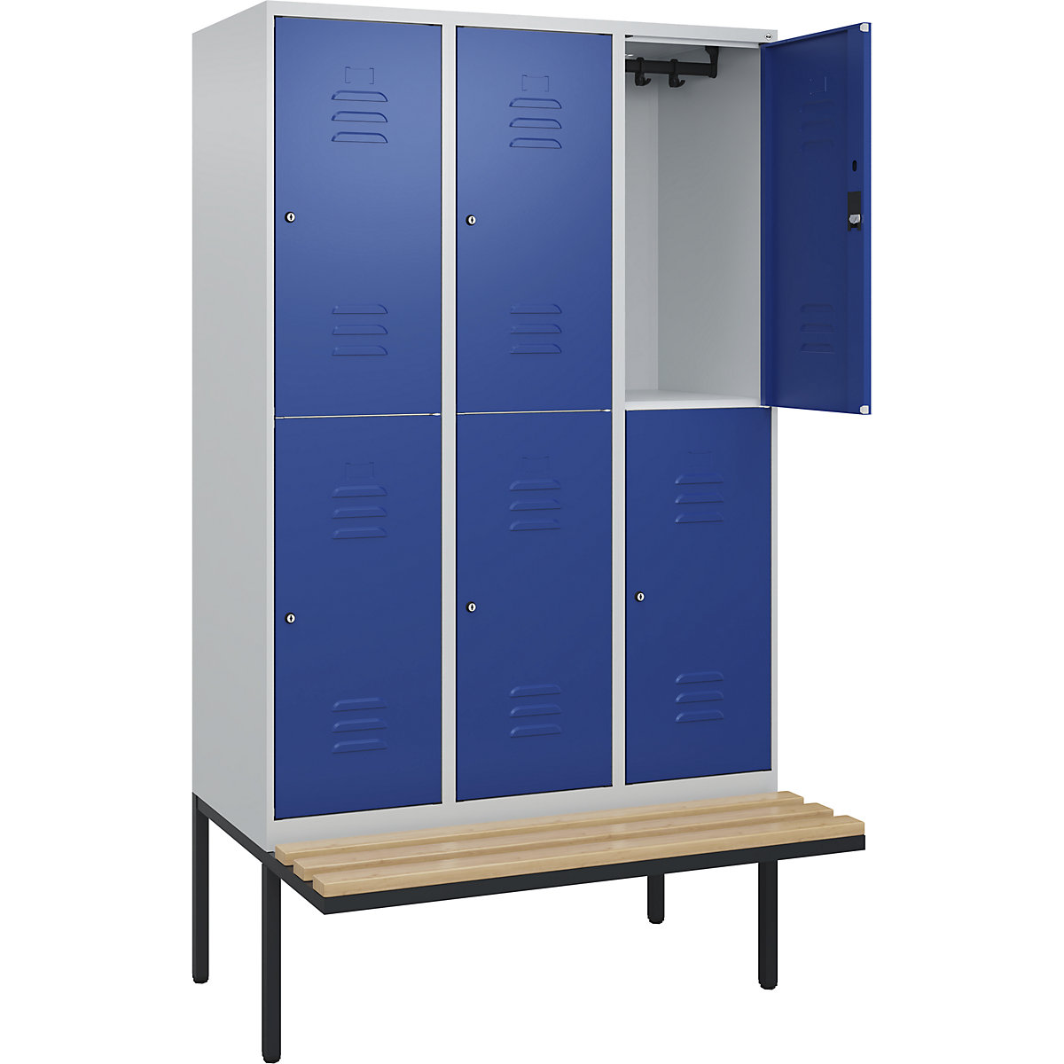 Armadietto a due piani Classic PLUS con panca – C+P, 3 scomparti, grigio chiaro / blu genziana, largh. 1200 mm, serratura a cilindro, panca sporgente, legno duro di faggio-0