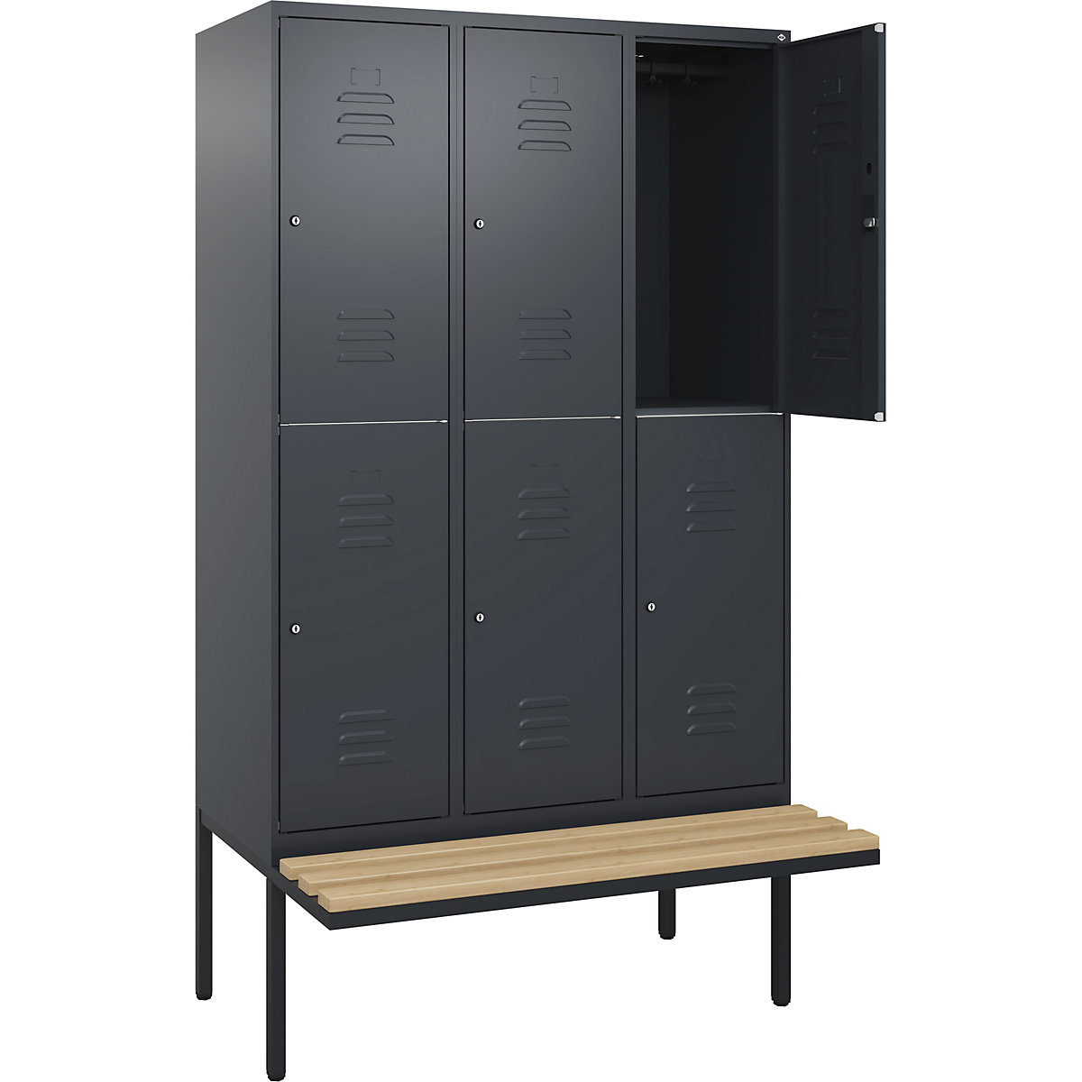 Armadietto a due piani Classic PLUS con panca – C+P, 3 scomparti, grigio, largh. 1200 mm, serratura a cilindro, panca sporgente, legno duro di faggio-0
