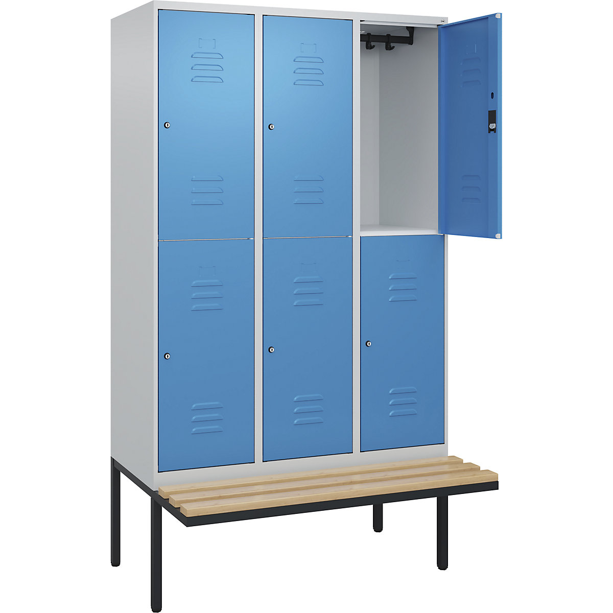 Armadietto a due piani Classic PLUS con panca – C+P, 3 scomparti, grigio chiaro / blu chiaro, largh. 1200 mm, serratura a cilindro, panca sporgente, legno duro di faggio-0
