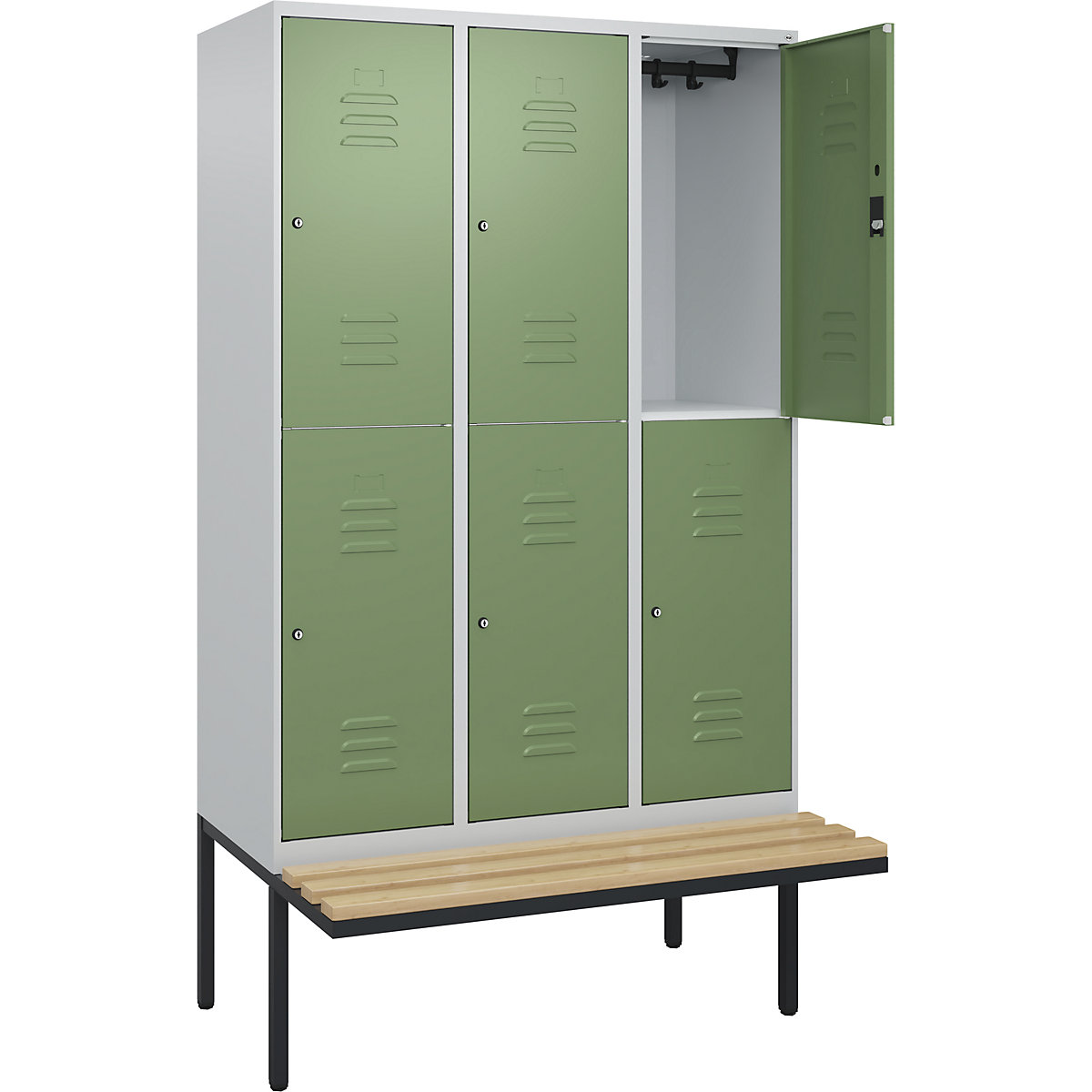 Armadietto a due piani Classic PLUS con panca – C+P, 3 scomparti, grigio chiaro / verde reseda, largh. 1200 mm, serratura a cilindro, panca sporgente, legno duro di faggio-0