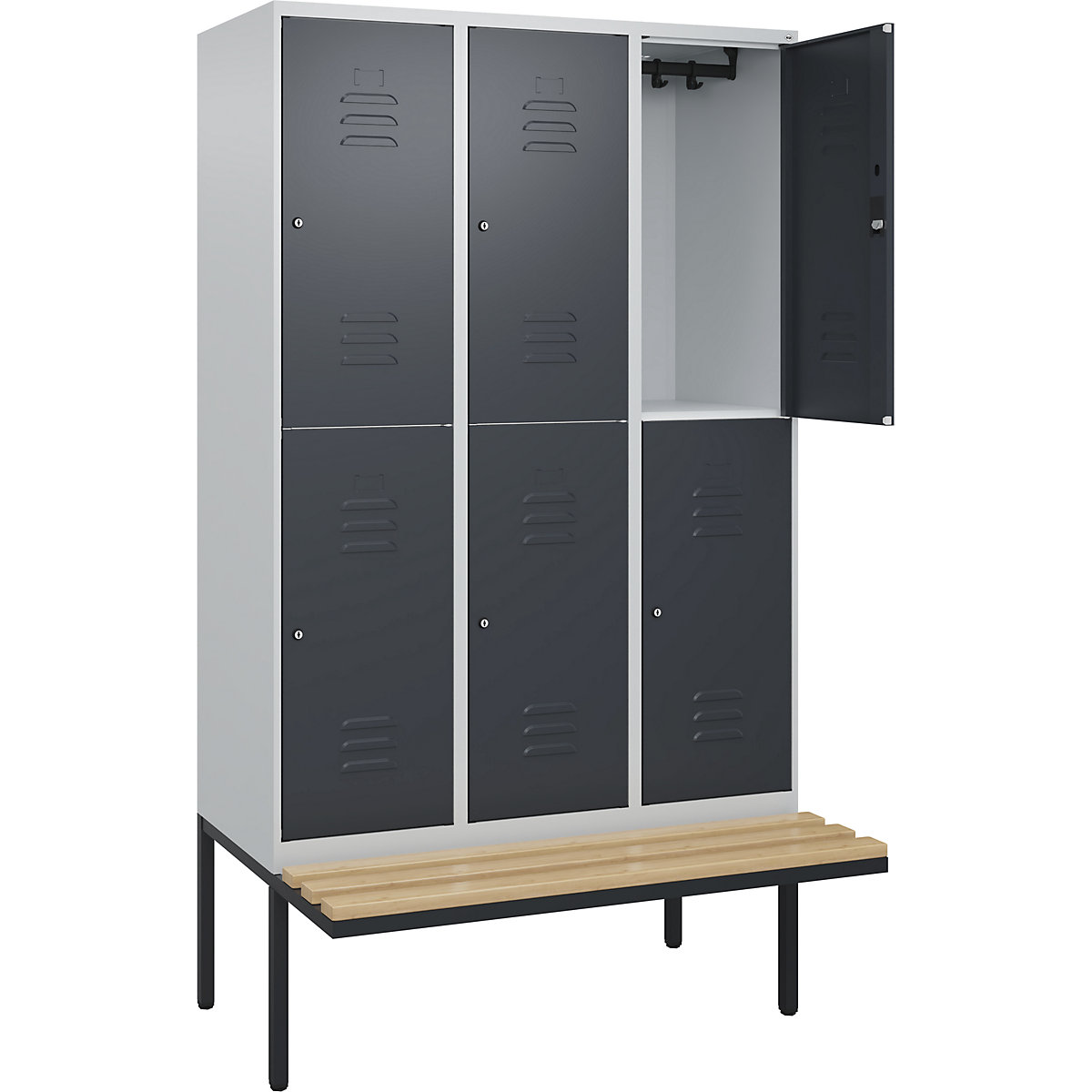 Armadietto a due piani Classic PLUS con panca – C+P, 3 scomparti, grigio chiaro / grigio, largh. 1200 mm, serratura a cilindro, panca sporgente, legno duro di faggio-0