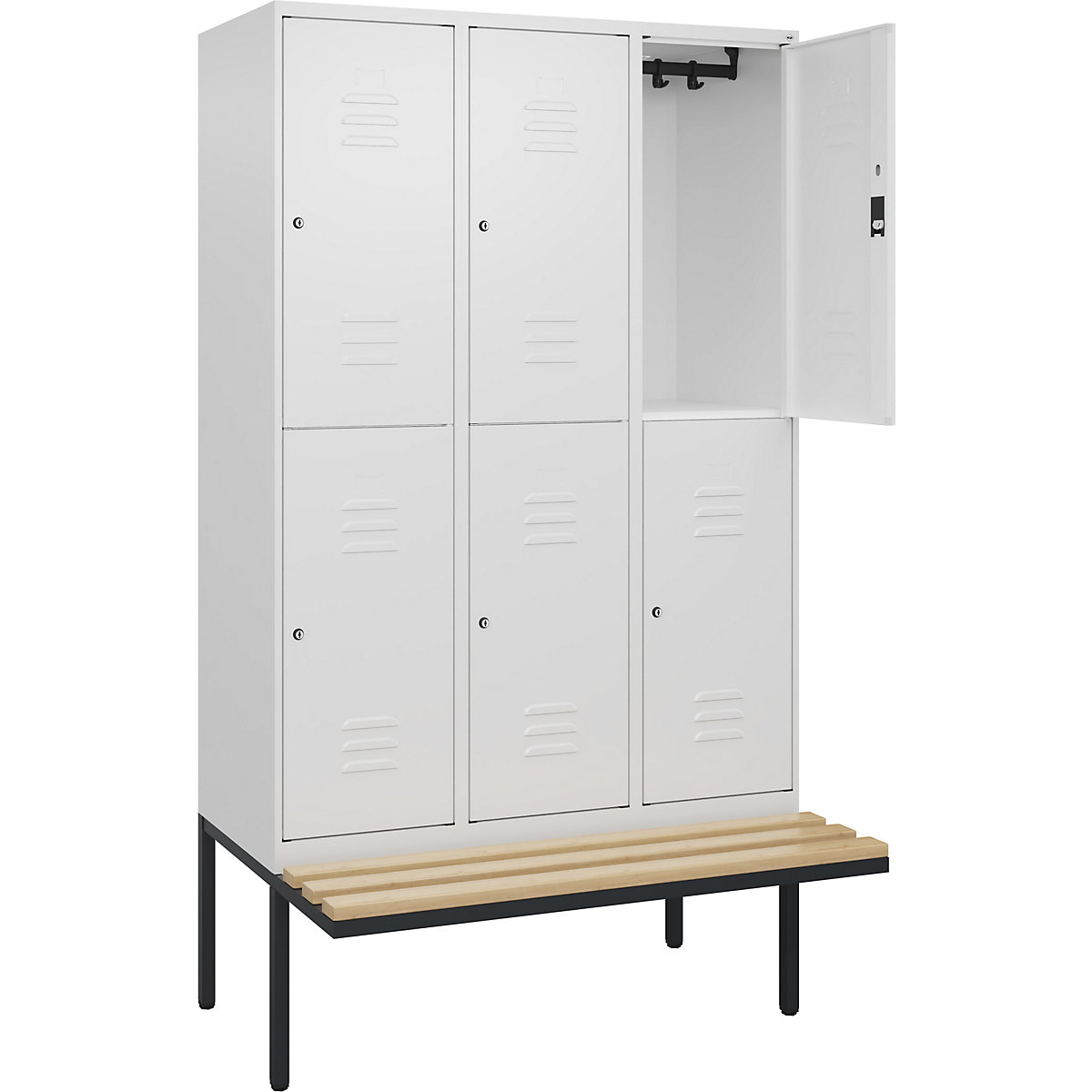 Armadietto a due piani Classic PLUS con panca – C+P, 3 scomparti, bianco traffico, largh. 1200 mm, serratura a cilindro, panca sporgente, legno duro di faggio-0