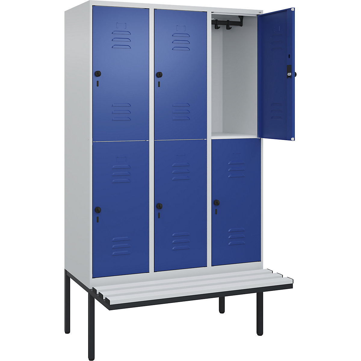 Armadietto a due piani Classic PLUS con panca – C+P, 3 scomparti, grigio chiaro / blu genziana, largh. 1200 mm, serratura girevole di sicurezza, panca sporgente, plastica-0