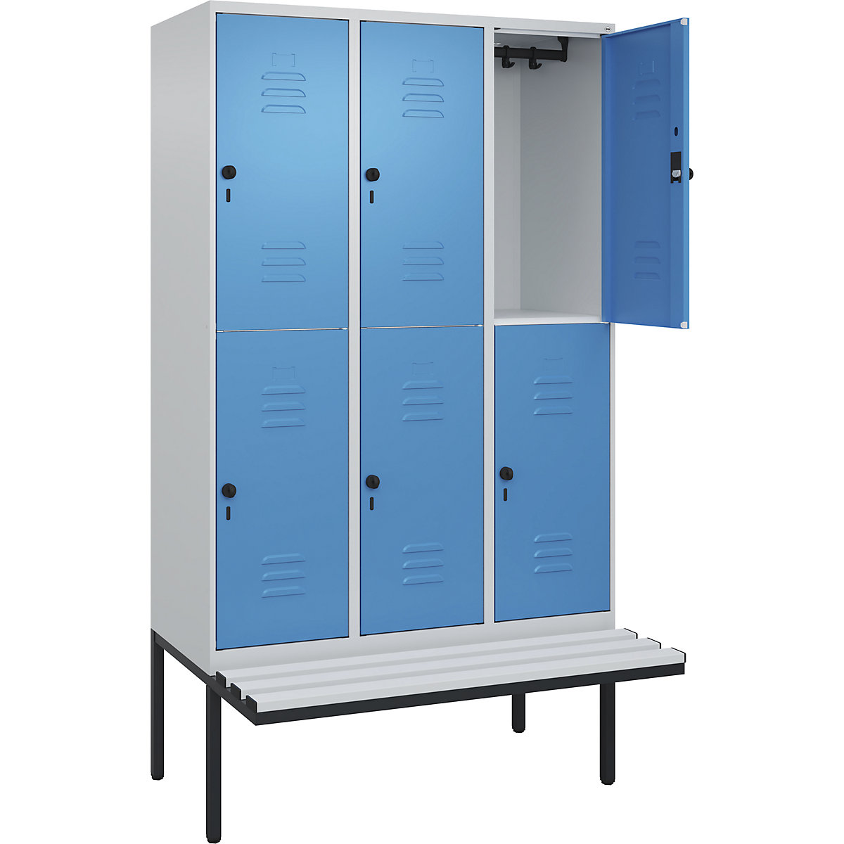Armadietto a due piani Classic PLUS con panca – C+P, 3 scomparti, grigio chiaro / blu chiaro, largh. 1200 mm, serratura girevole di sicurezza, panca sporgente, plastica-0