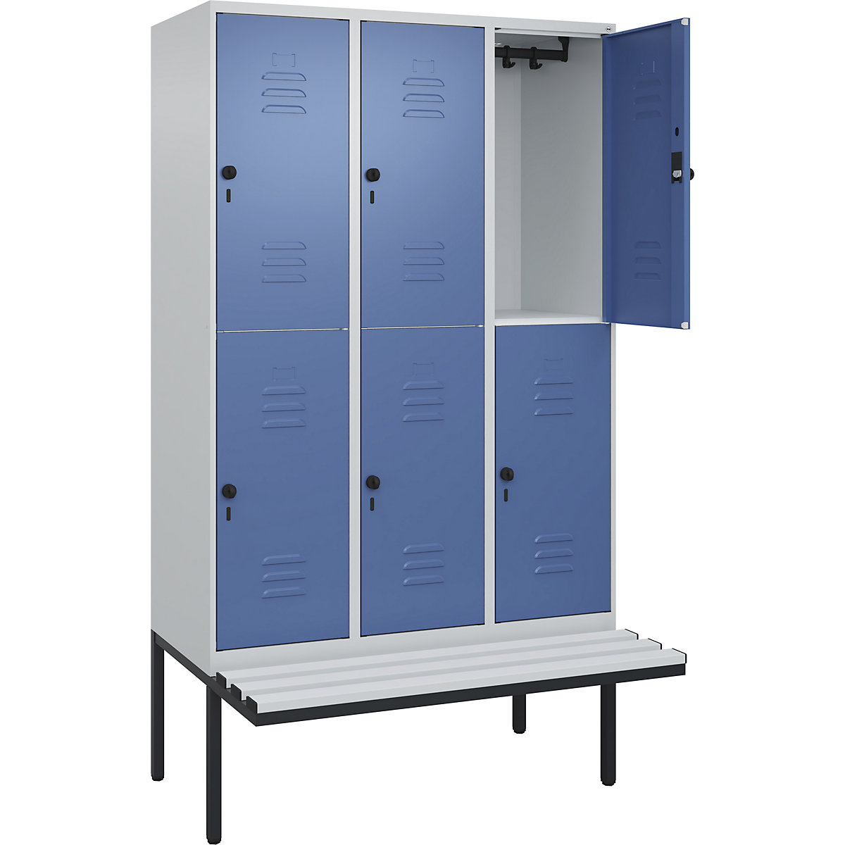 Armadietto a due piani Classic PLUS con panca – C+P, 3 scomparti, grigio chiaro / indaco, largh. 1200 mm, serratura girevole di sicurezza, panca sporgente, plastica-0