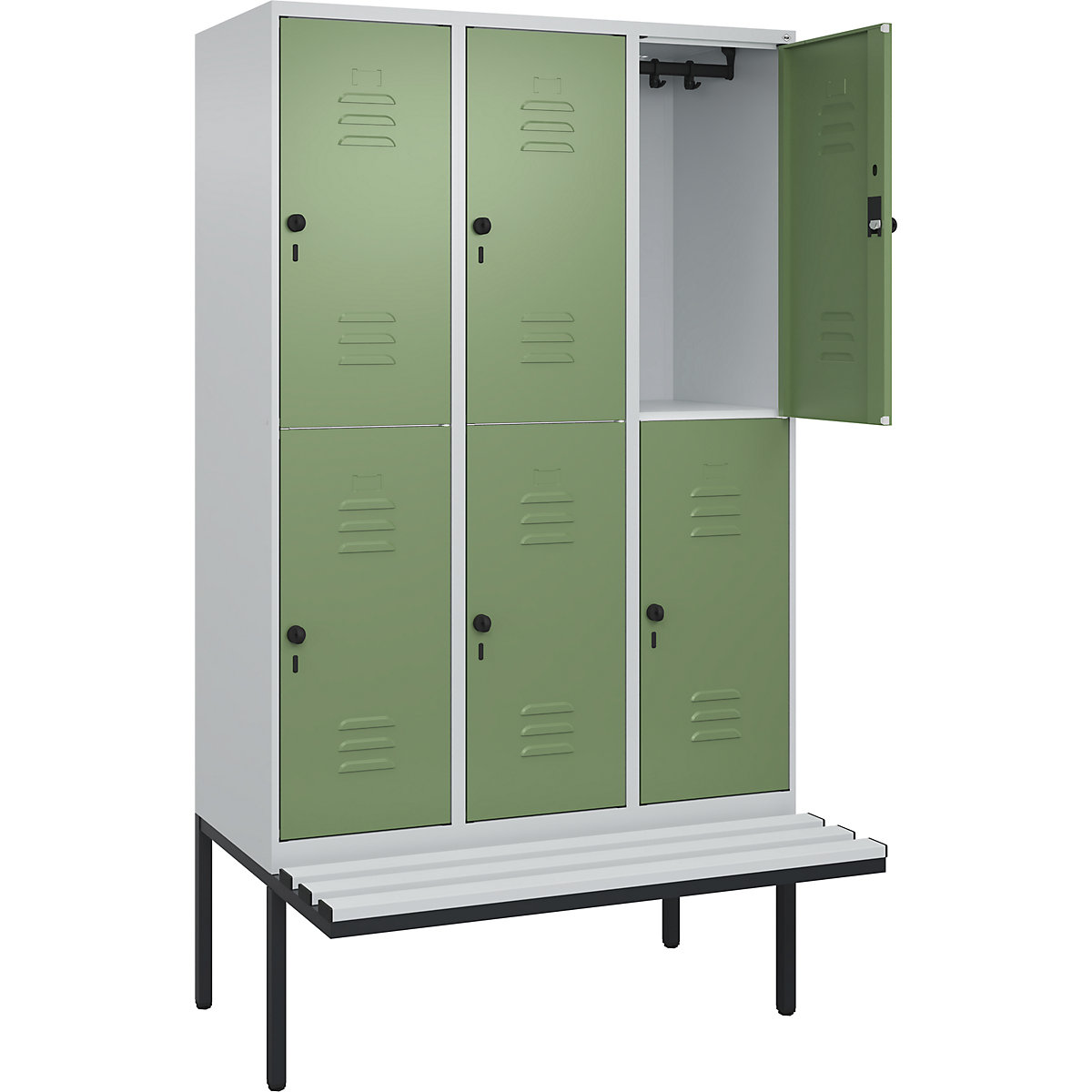 Armadietto a due piani Classic PLUS con panca – C+P, 3 scomparti, grigio chiaro / verde reseda, largh. 1200 mm, serratura girevole di sicurezza, panca sporgente, plastica-0