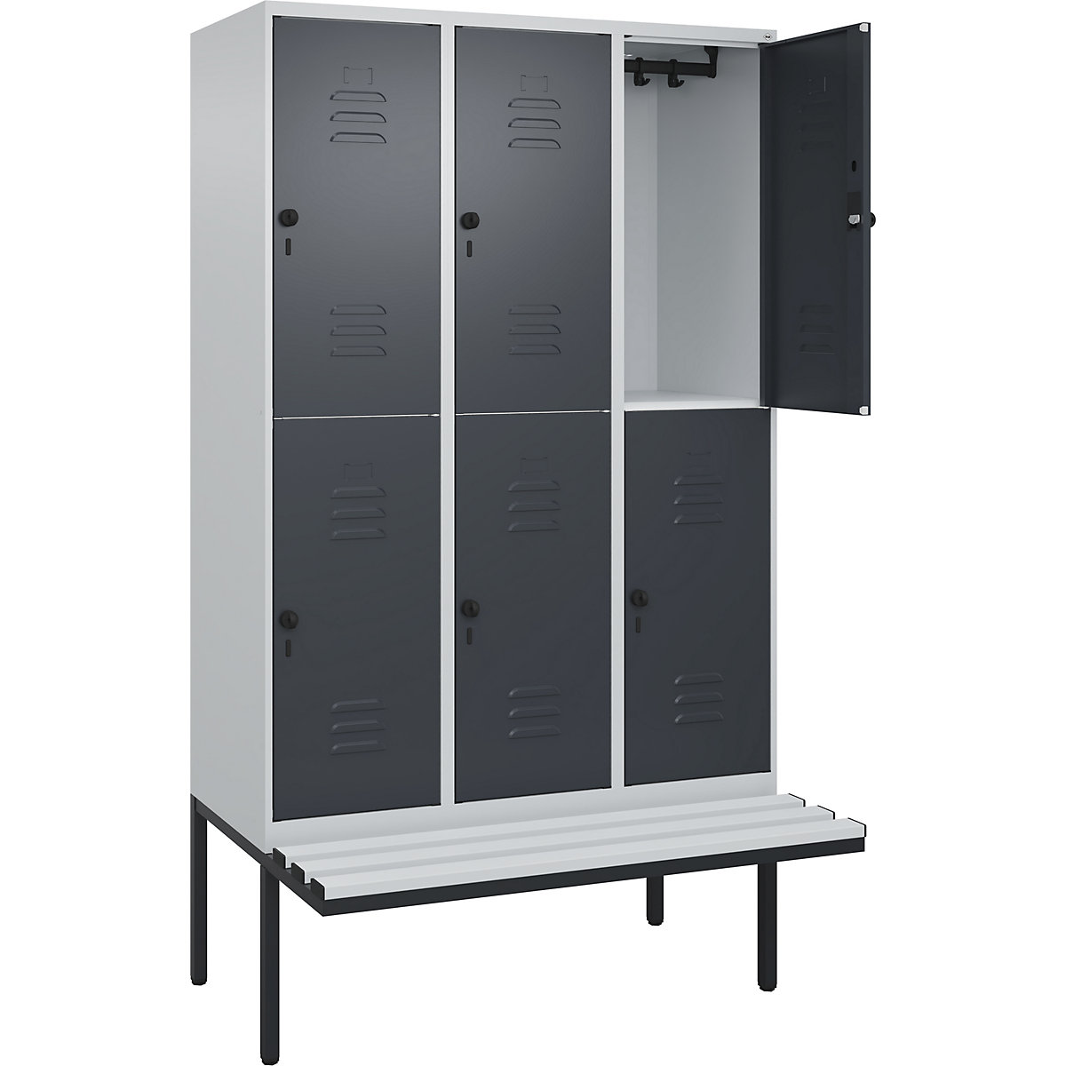 Armadietto a due piani Classic PLUS con panca – C+P, 3 scomparti, grigio chiaro / grigio, largh. 1200 mm, serratura girevole di sicurezza, panca sporgente, plastica-0