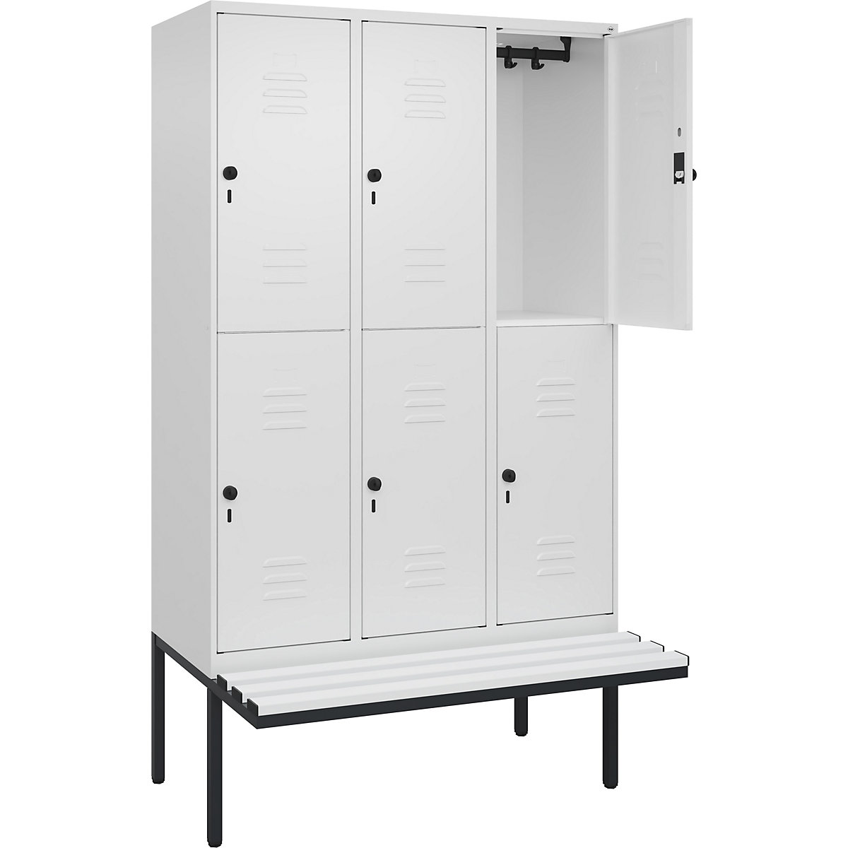 Armadietto a due piani Classic PLUS con panca – C+P, 3 scomparti, bianco traffico, largh. 1200 mm, serratura girevole di sicurezza, panca sporgente, plastica-0