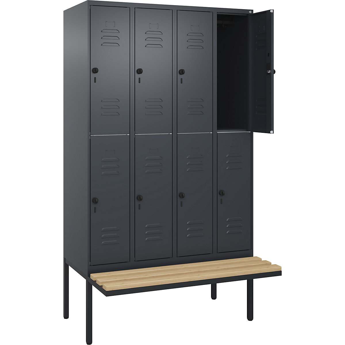 Armadietto a due piani Classic PLUS con panca – C+P, 4 scomparti, grigio, largh. 1200 mm, serratura girevole di sicurezza, panca sporgente, legno duro di faggio-0