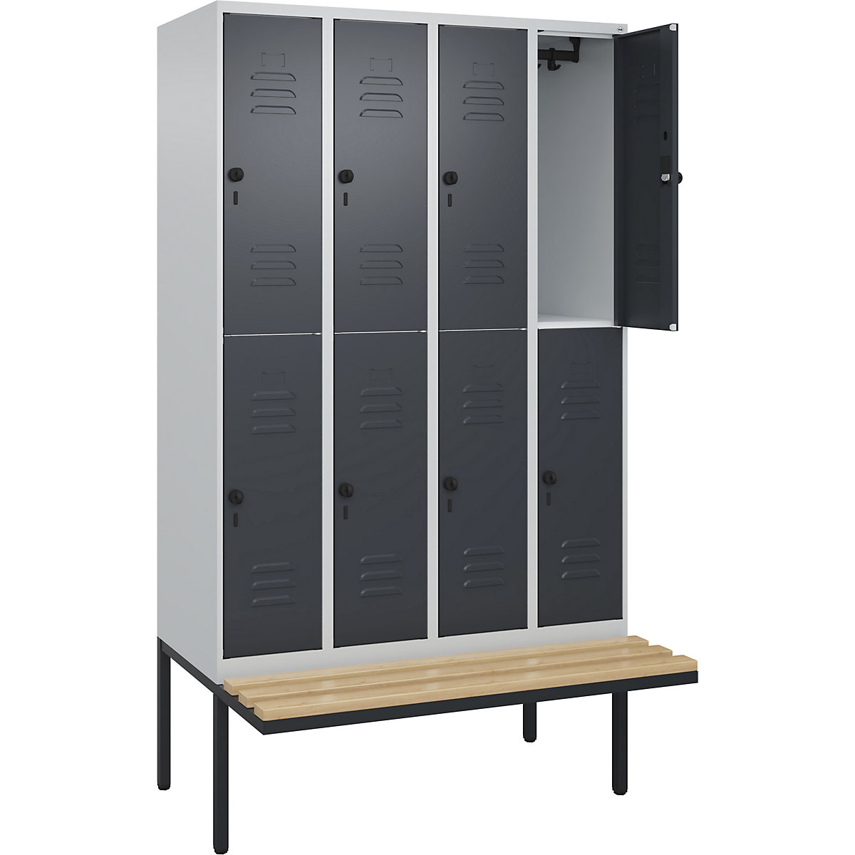 Armadietto a due piani Classic PLUS con panca – C+P, 4 scomparti, grigio chiaro / grigio, largh. 1200 mm, serratura girevole di sicurezza, panca sporgente, legno duro di faggio-0