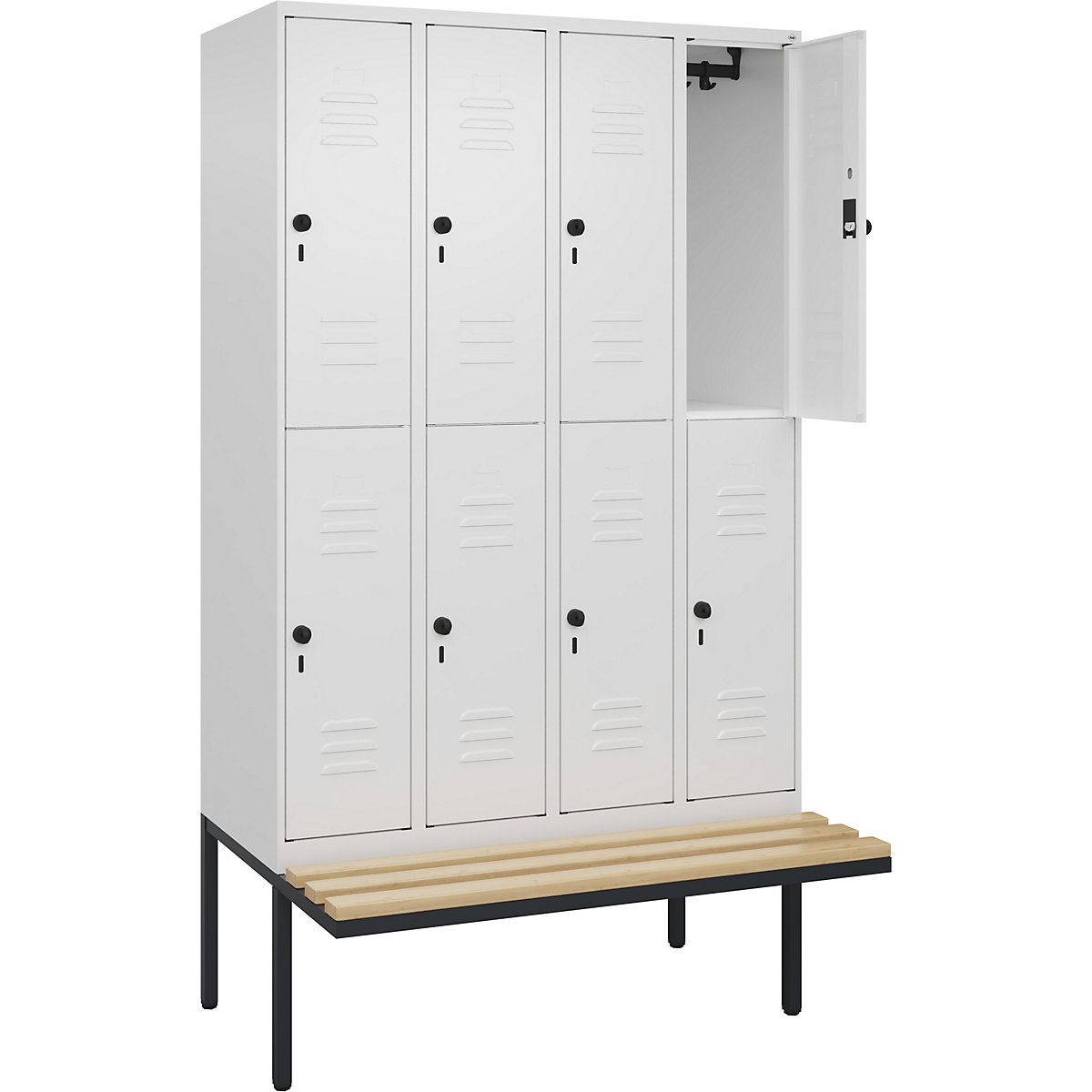 Armadietto a due piani Classic PLUS con panca – C+P, 4 scomparti, bianco traffico, largh. 1200 mm, serratura girevole di sicurezza, panca sporgente, legno duro di faggio-0