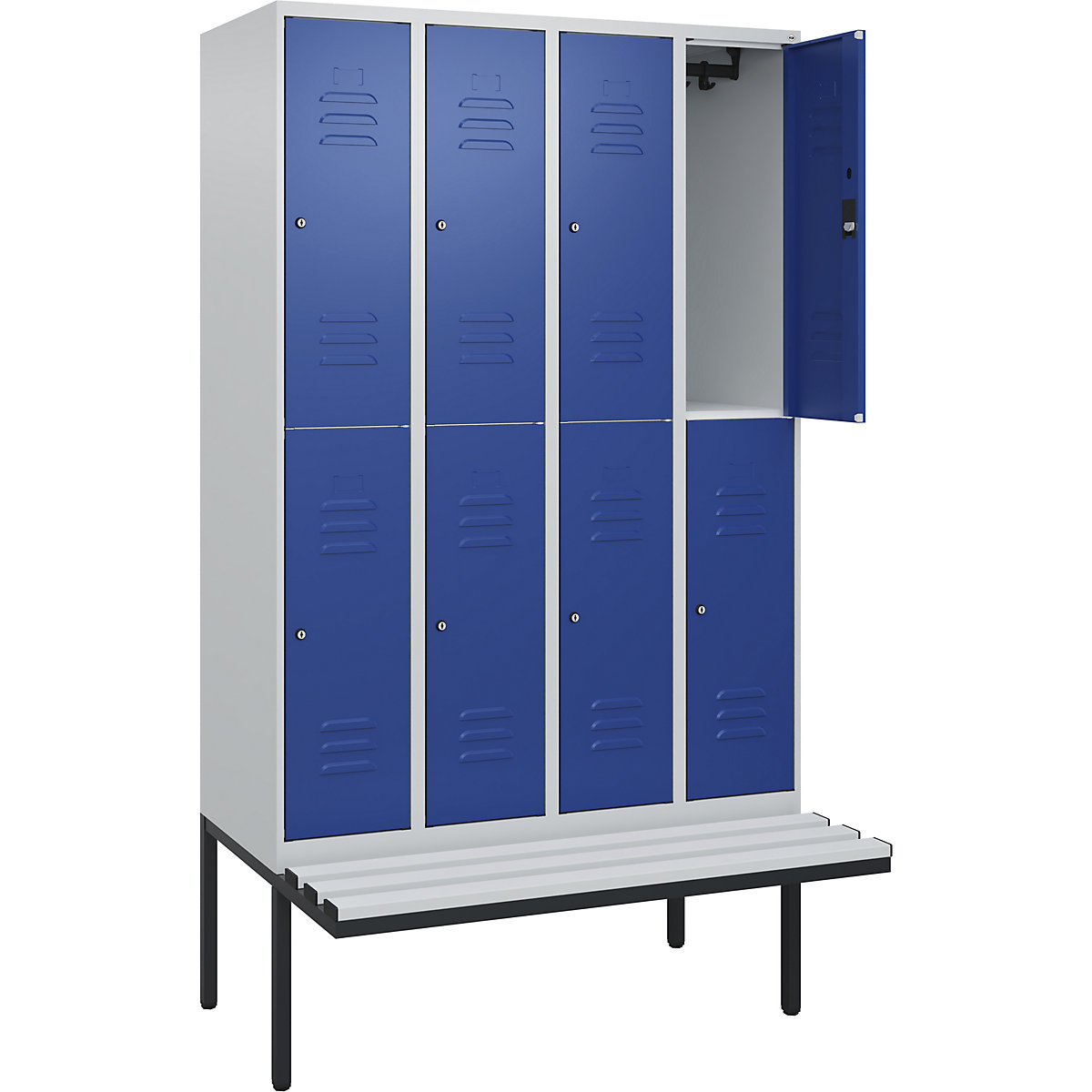 Armadietto a due piani Classic PLUS con panca – C+P, 4 scomparti, grigio chiaro / blu genziana, largh. 1200 mm, serratura a cilindro, panca sporgente, plastica-0